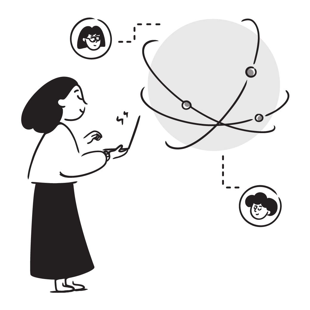 A woman standing and using a laptop connected to a large sphere representing online connectivity, with small profile icons of two people near the sphere.