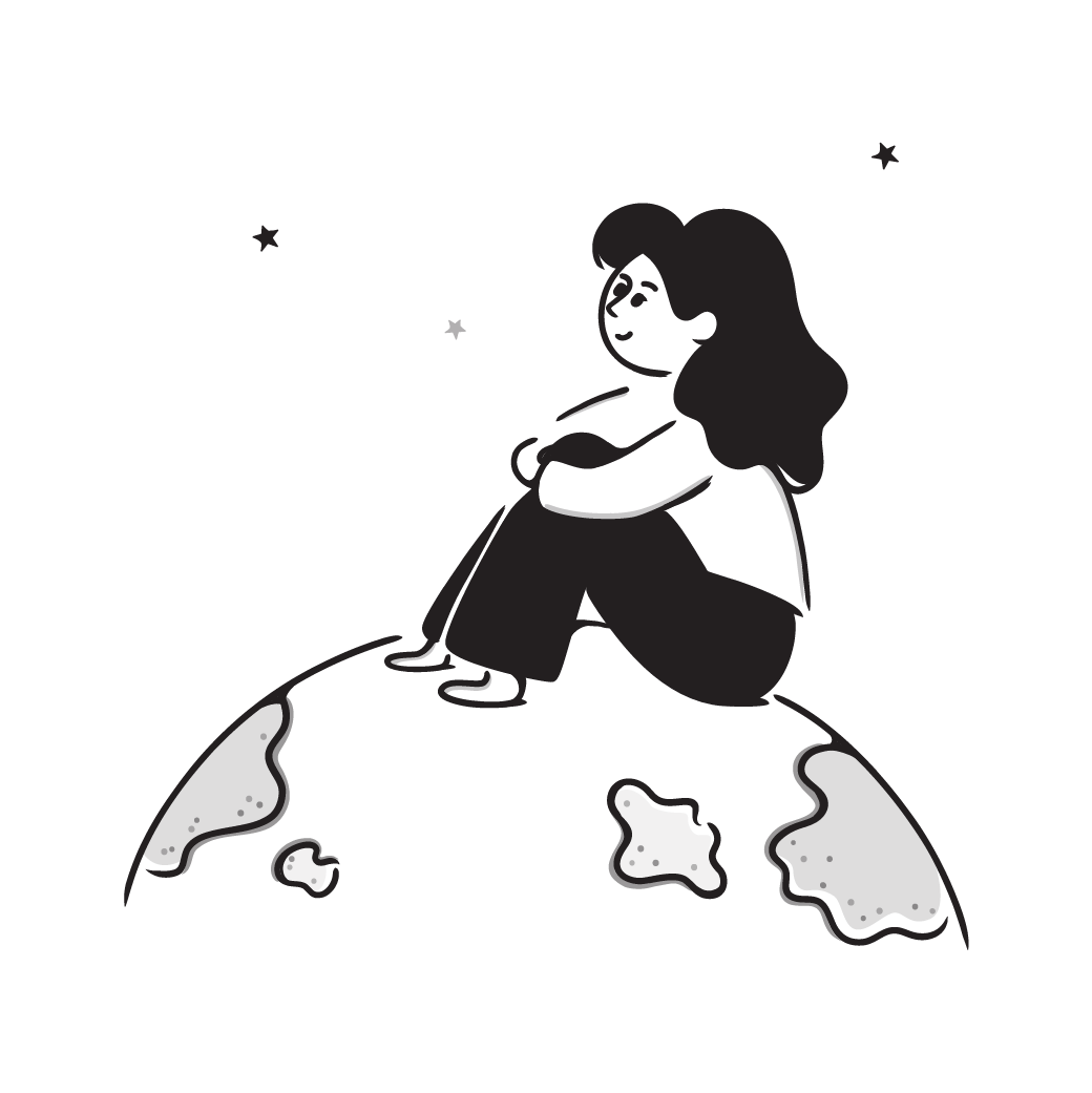 A simple line drawing of a woman with long hair sitting cross-legged on a globe, with stars in the background, representing dreaming or fantasy.