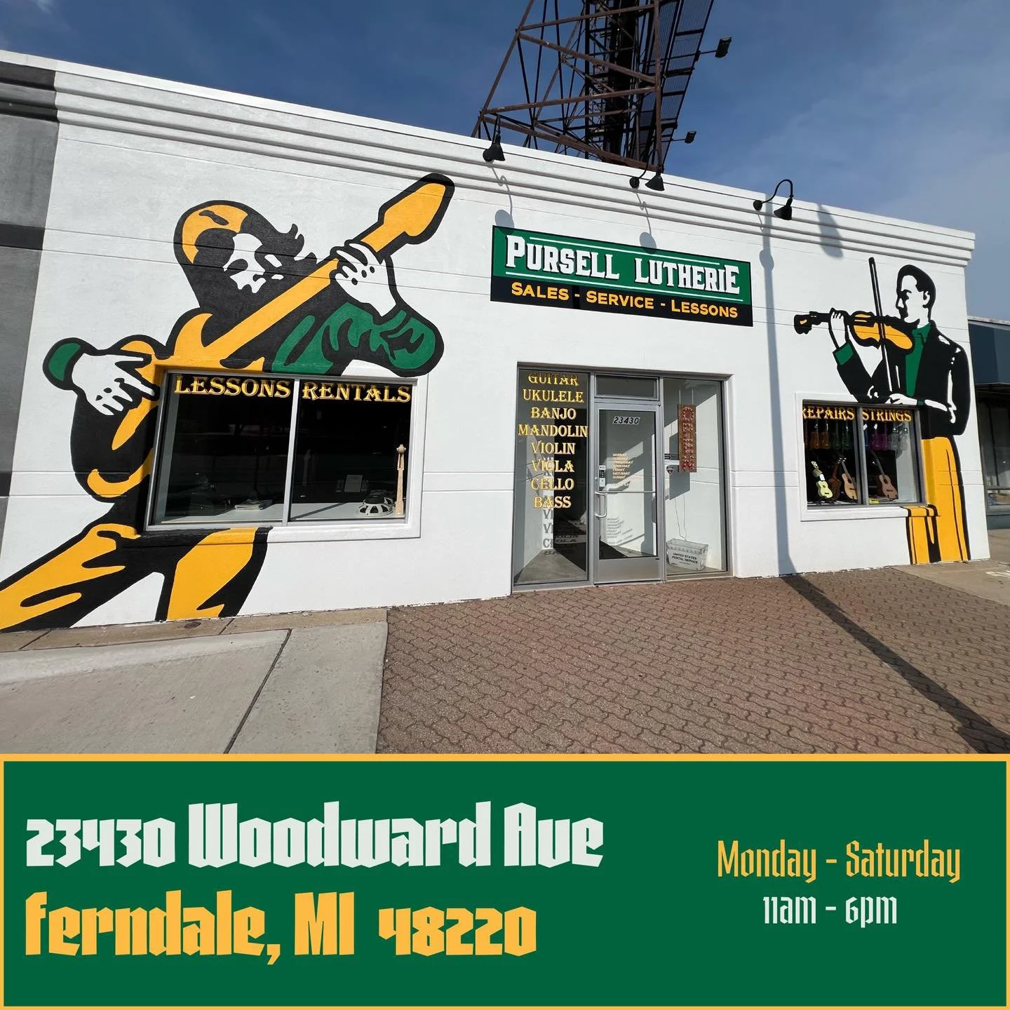 Woodward Storefront for Pursell Lutherie in Ferndale on the East side of Woodward avenue between nine mile and ten mile.
