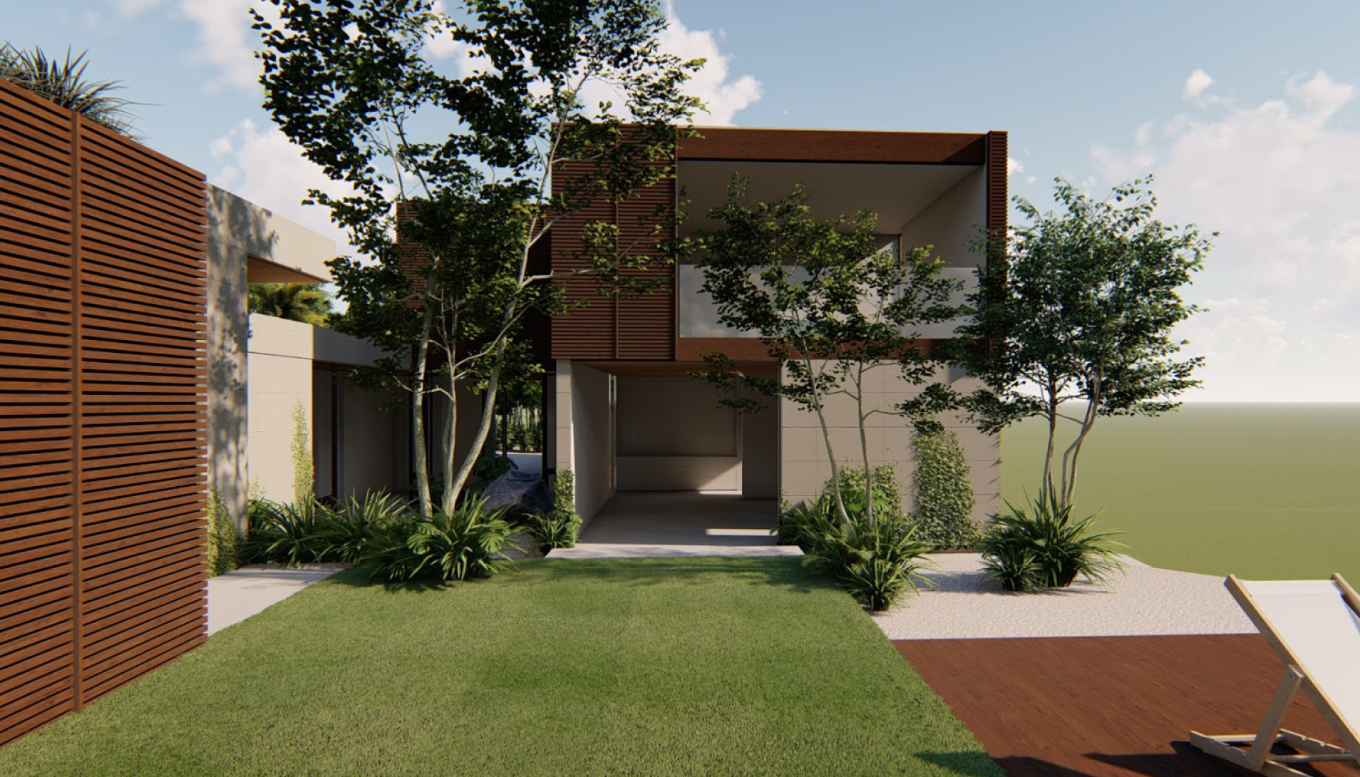 Modern residential house with a landscaped front yard, trees, grass, and a deck with a lounge chair, under a blue sky with clouds.