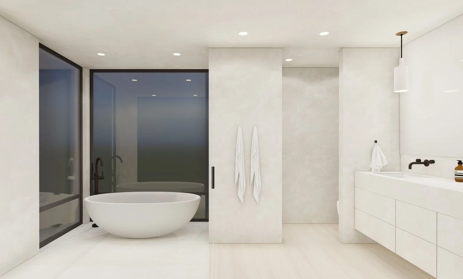 Modern, minimalist bathroom with a freestanding bathtub, glass shower enclosure, black fixtures, white walls, and vanity with drawers.
