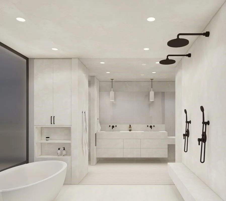 Modern bathroom with white walls and ceiling, a freestanding bathtub, black shower fixtures, a double sink vanity, and two hanging pendant lights.