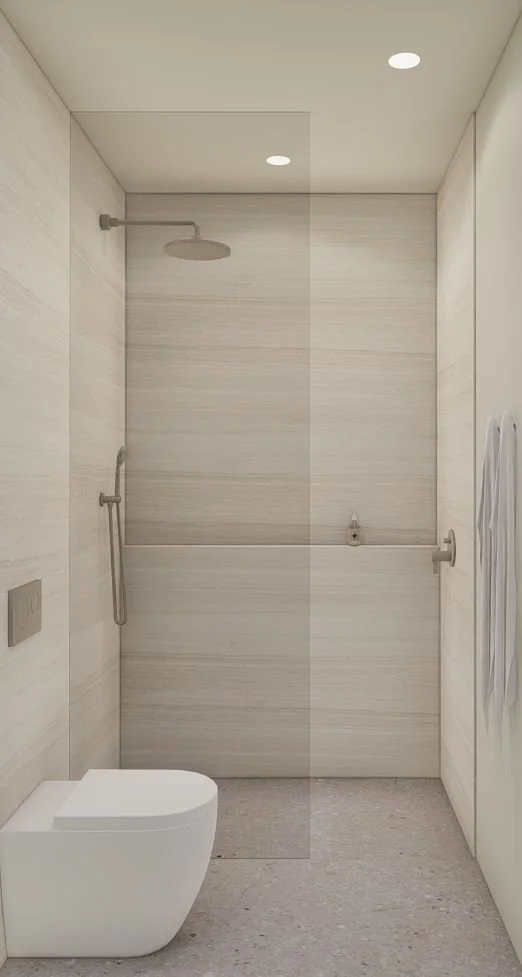 Modern minimalist bathroom with a walk-in shower, a wall-mounted toilet, and neutral tile walls.