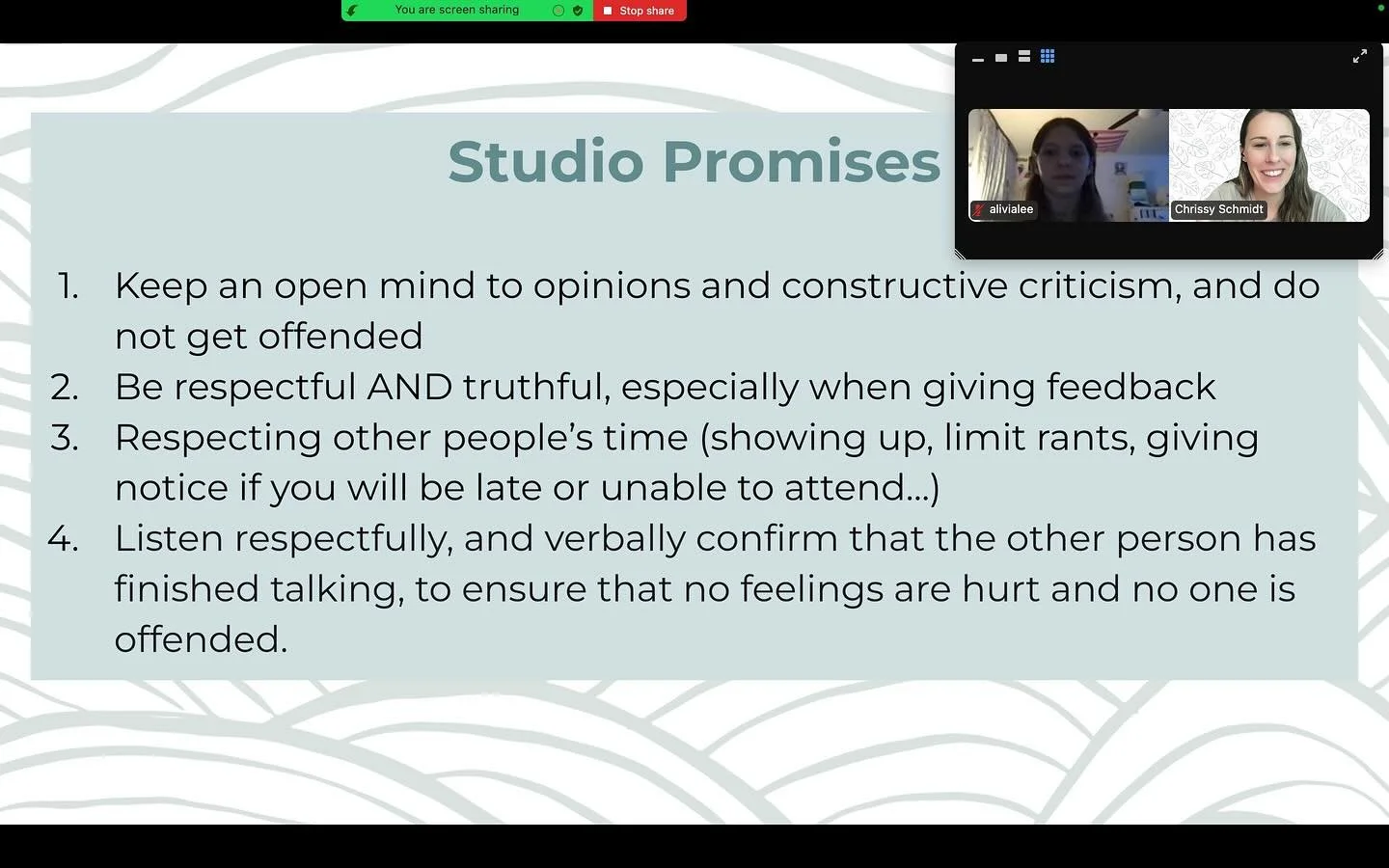 Tuesday&rsquo;s ICT Zoom Gathering was quite intimate, but we had a great discussion about the Studio&rsquo;s Contract of Promises this year, and what it means to sign your name boldly! Alivia had some great insights into what a signed name really me