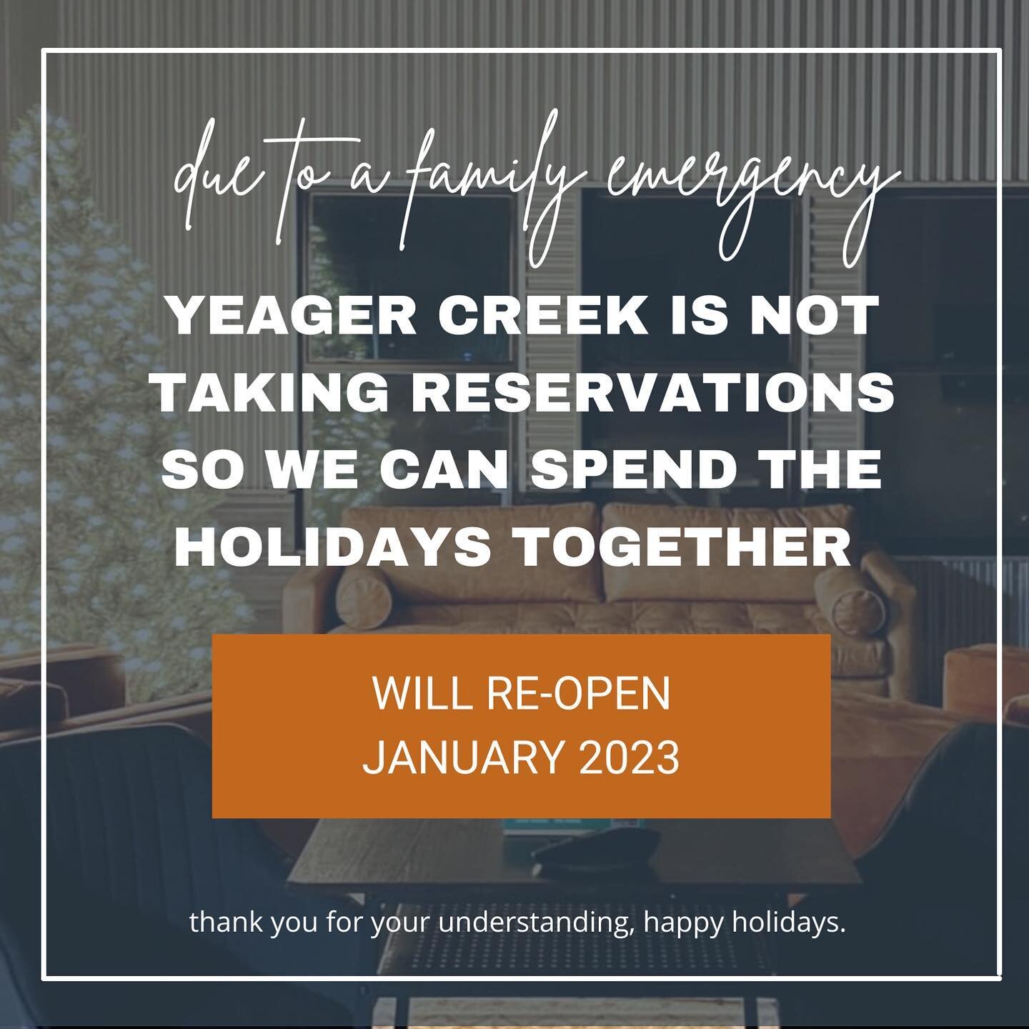 Due to a family emergency Yeager Creek RV Park is temporarily closed and not taking new reservations. If you are looking to stay with us, bookings will resume January 2023. Please refrain from calling as we are taking time to be together as a family 