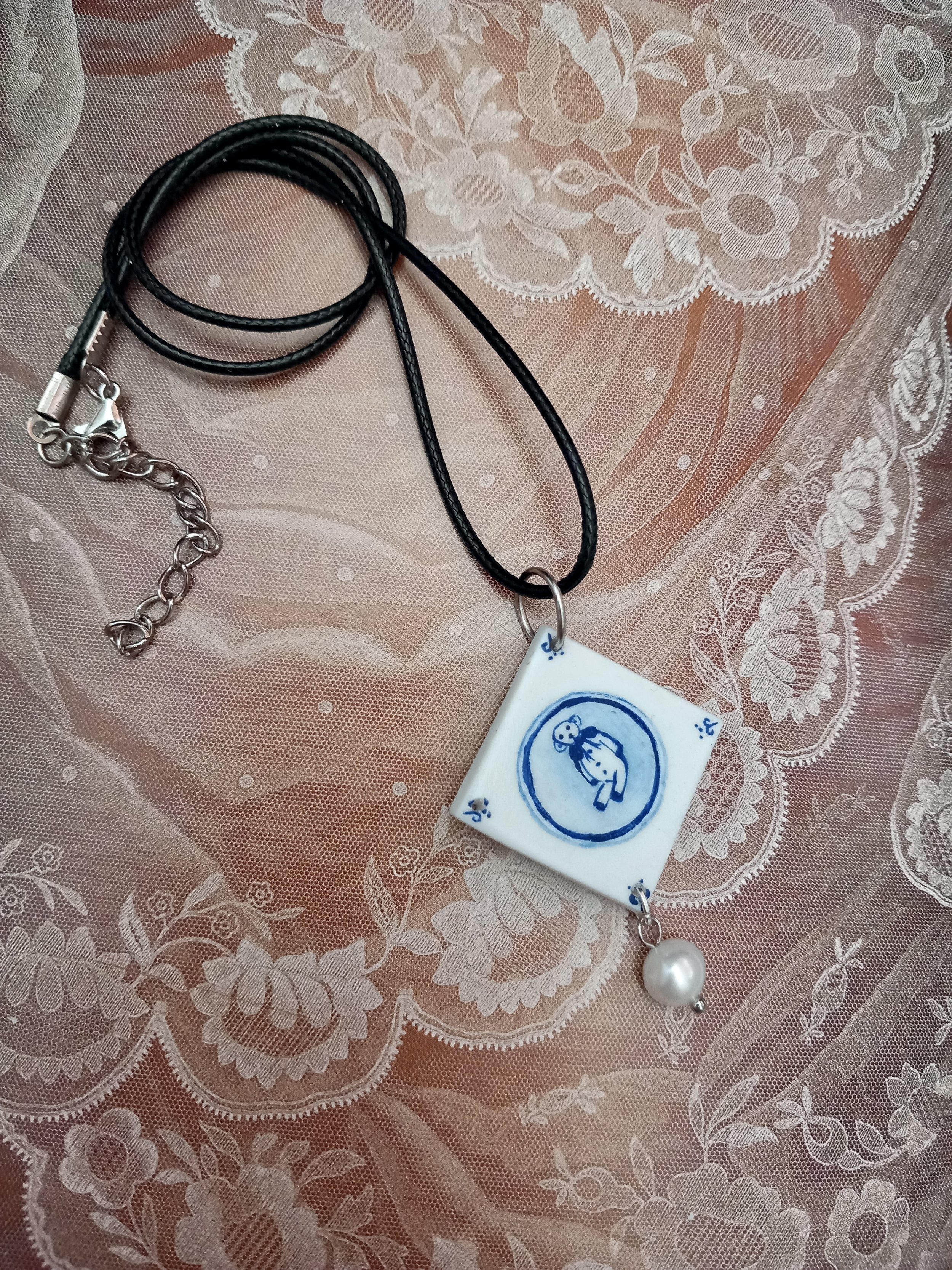 Tilted Tile Necklace with Pearl extension