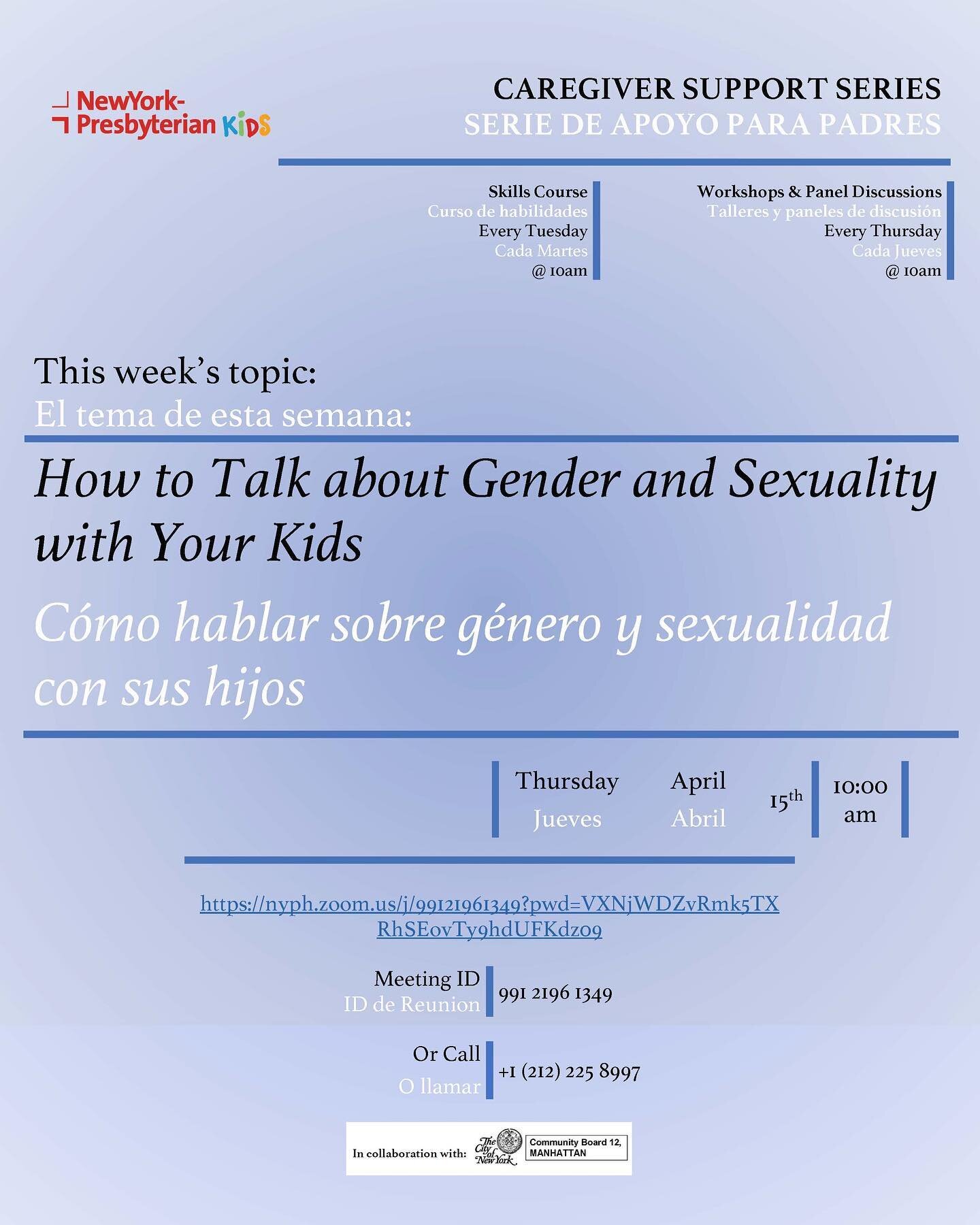 Come join us tomorrow for an important workshop on talking to your child about gender and sexuality. 10am on Zoom. Link in bio!

#newyorkpresbyterianhospital #schoolbasedmentalhealth #mentalhealth #childdevelopment #pediatricpsychiatry #pediatricpsyc