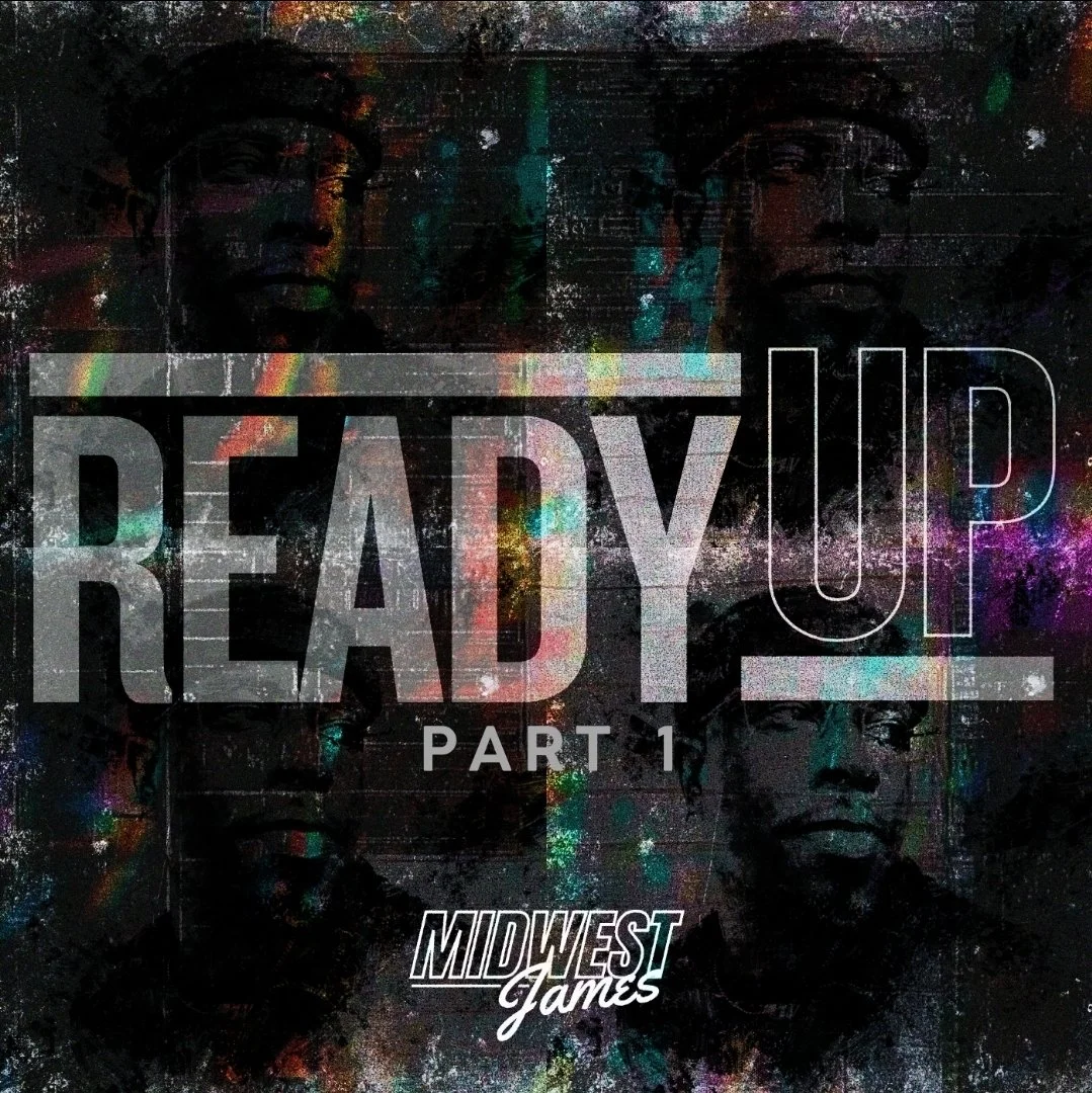 A digital graphic promoting a video game event titled 'Ready Up Part 1' by Midwest Games, featuring a dark, glitch-like background with four faces and vibrant splashes of color.