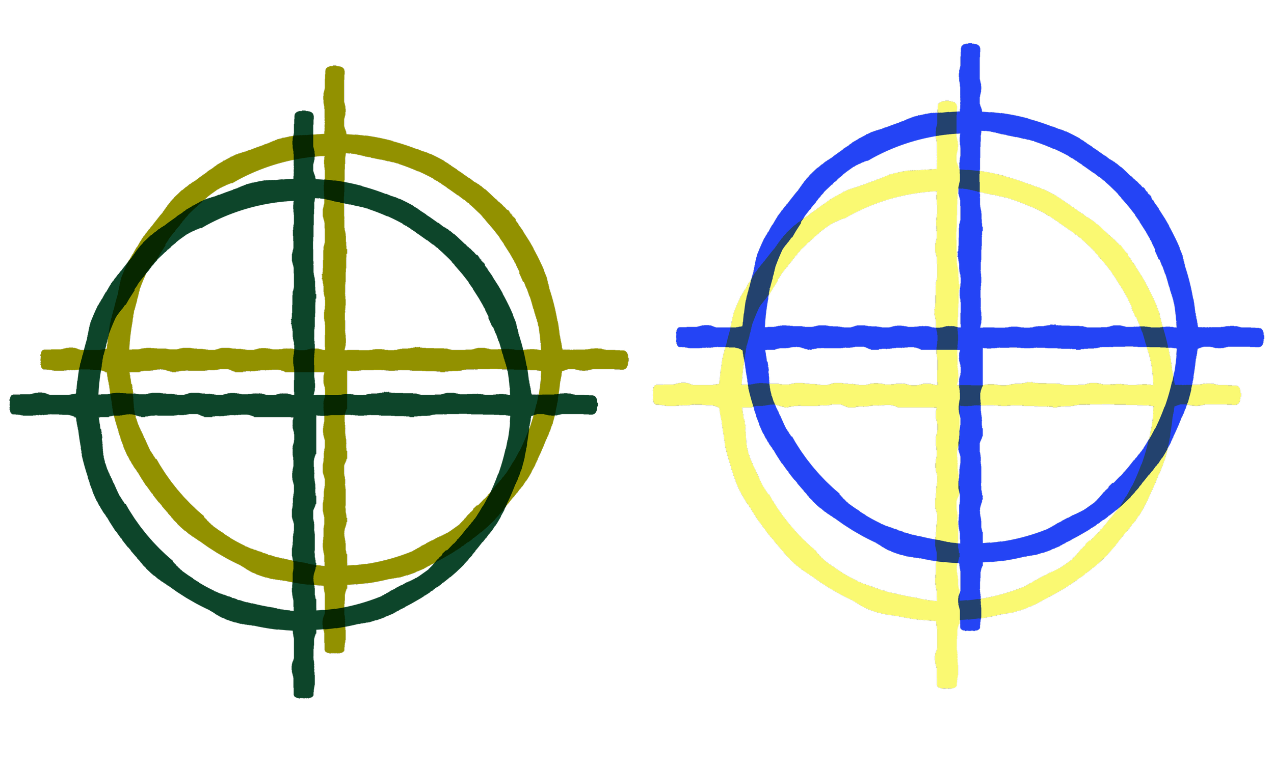 Graphic of two circles with one vertical and one horizontal line going through the middle, dividing it into fourths. They are not lined up exactly, showing what misregistration can look like once printed.