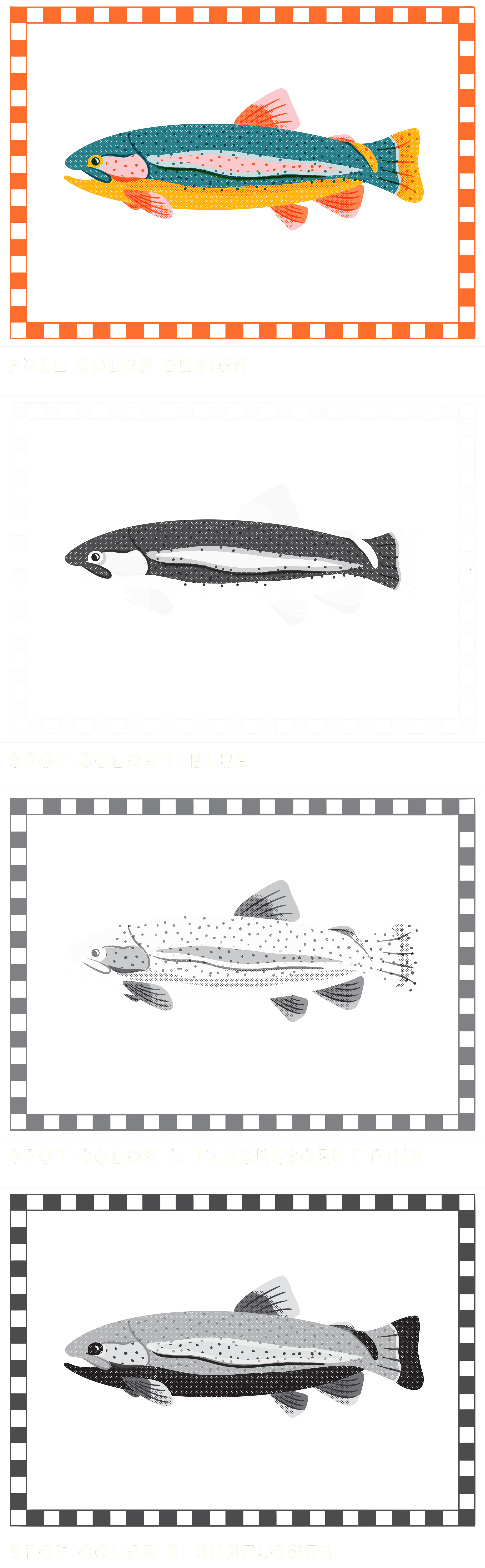 Colorful illustration of a fish with a teal and yellow body and pink fins and spots.
