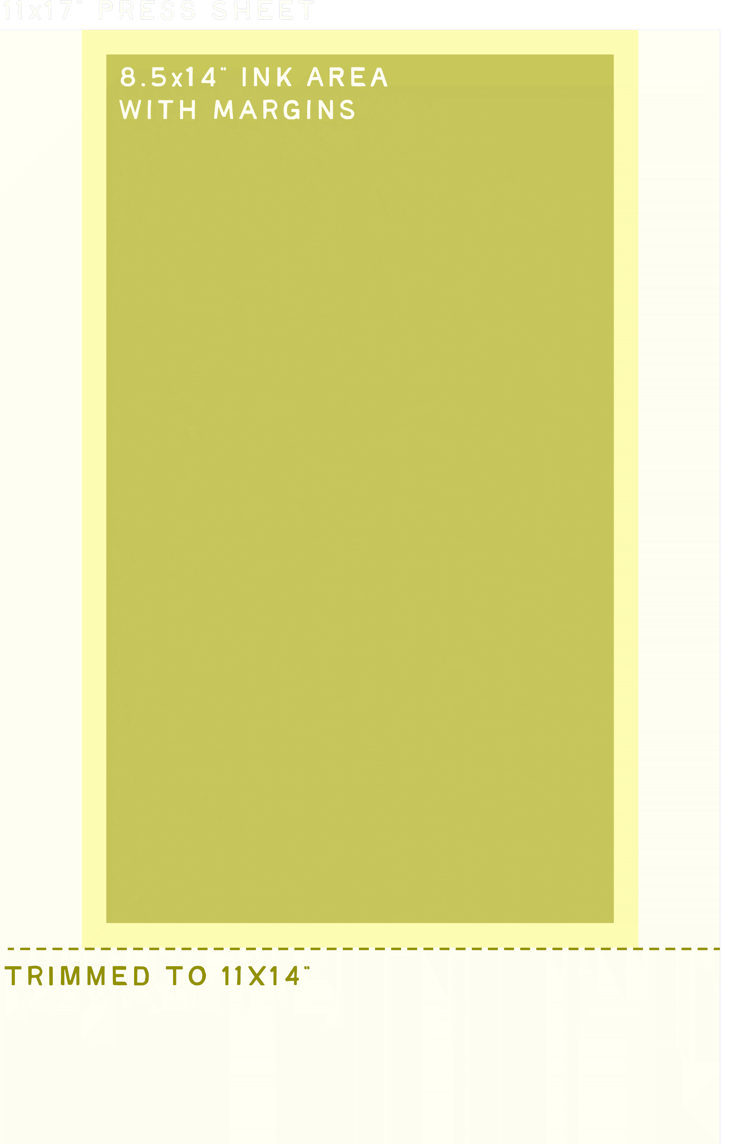 A sheet of printing press paper with dimensions and margin specifications, showing an area for ink printing that measures 8.5 by 14 inches, trimmed to 11 by 14 inches.