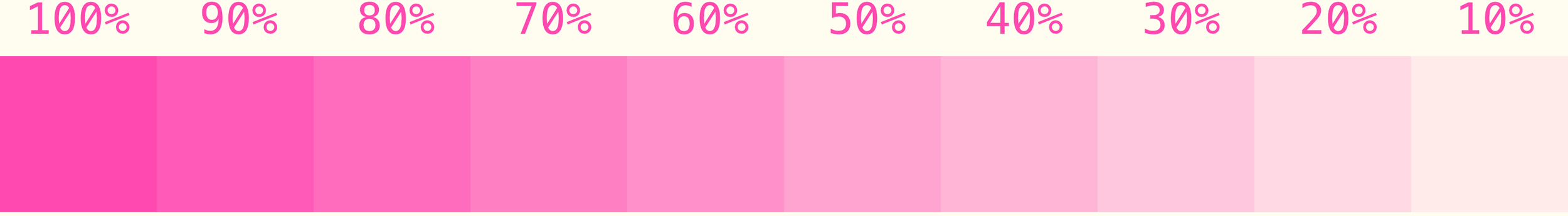 Color chart of fluorescent pink risograph ink displaying opacities from 100-0%