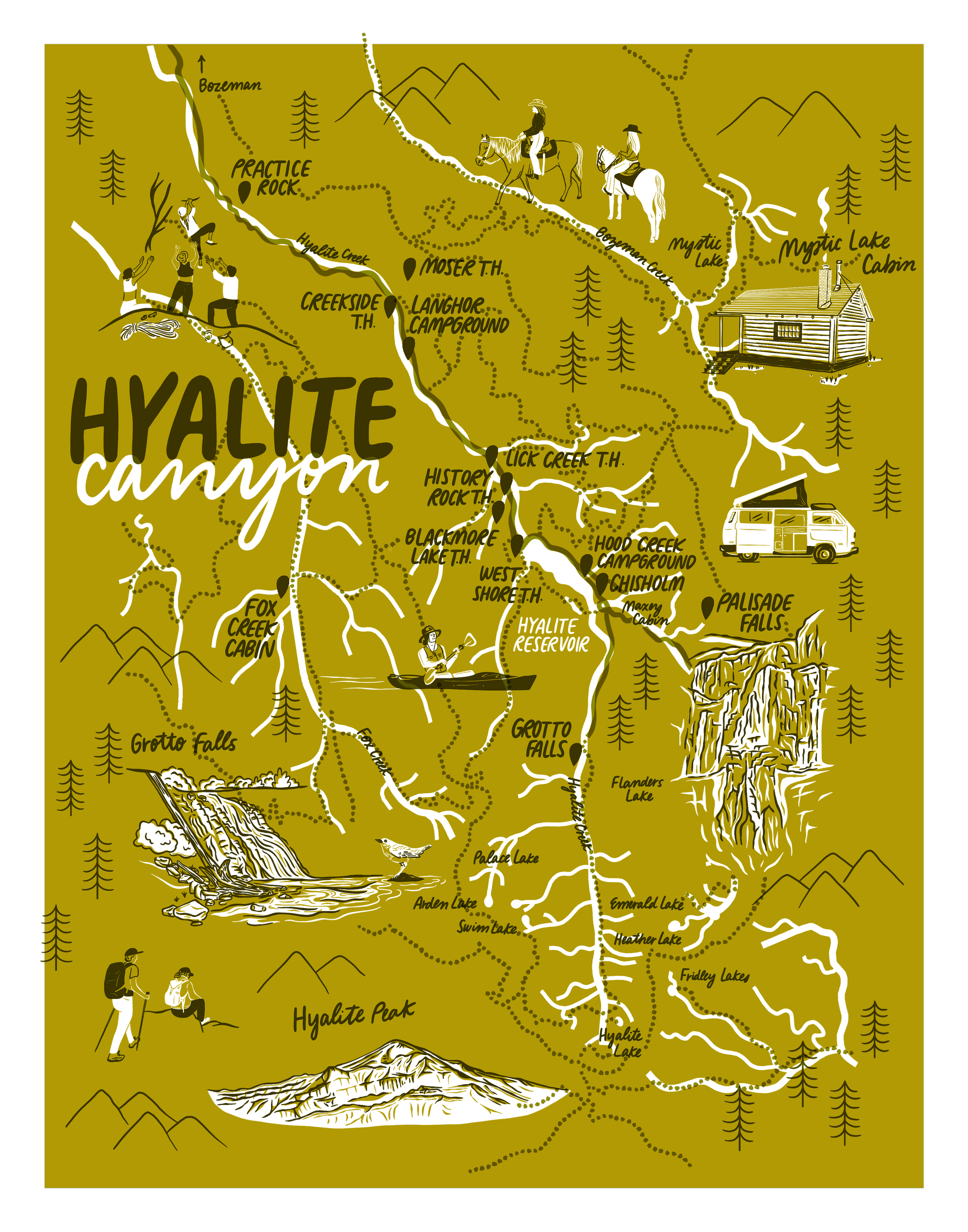 Illustrated map of Hyalite canyon in Montana including icons of Hyalite peak, Grotto falls, hikers, kayakers, climbers, horses, and other outdoor activities.