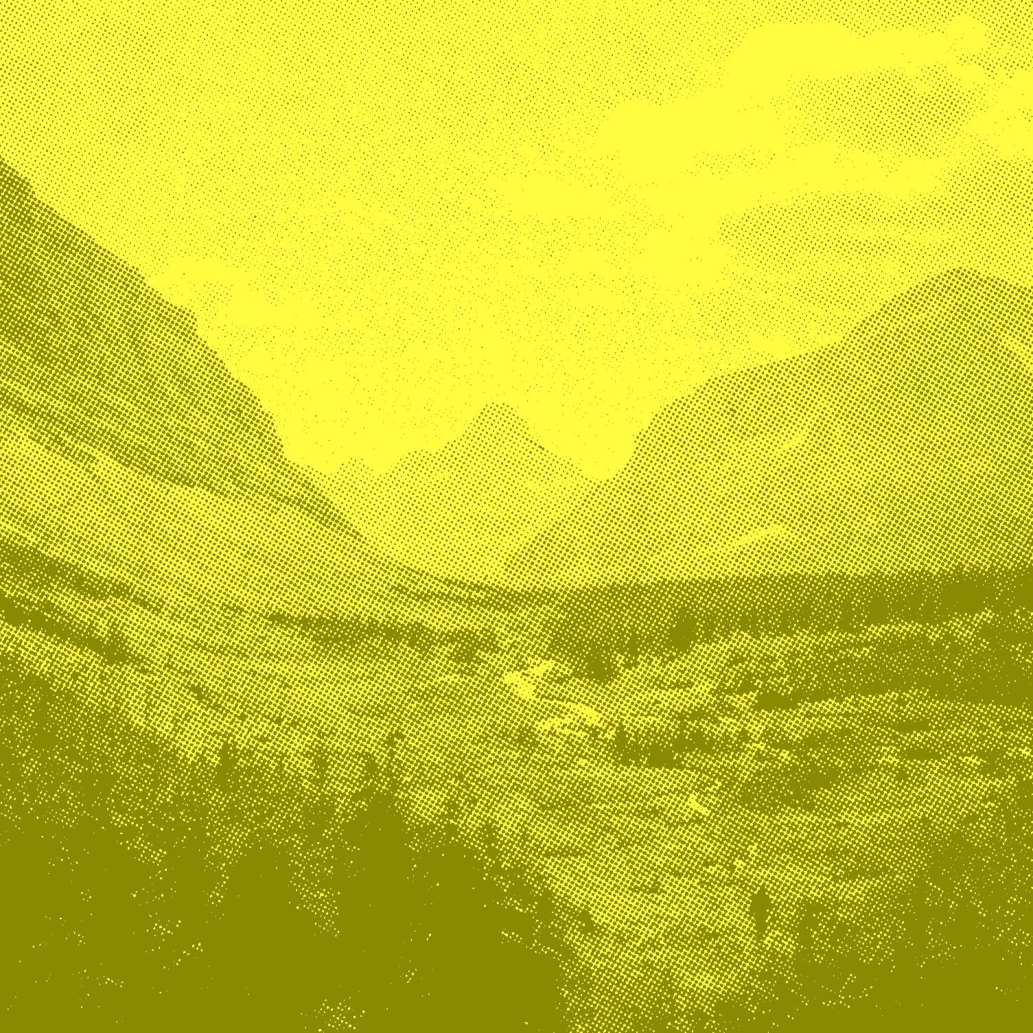 Yellow and green halftone image of a meadow and mountains in Glacier National Park