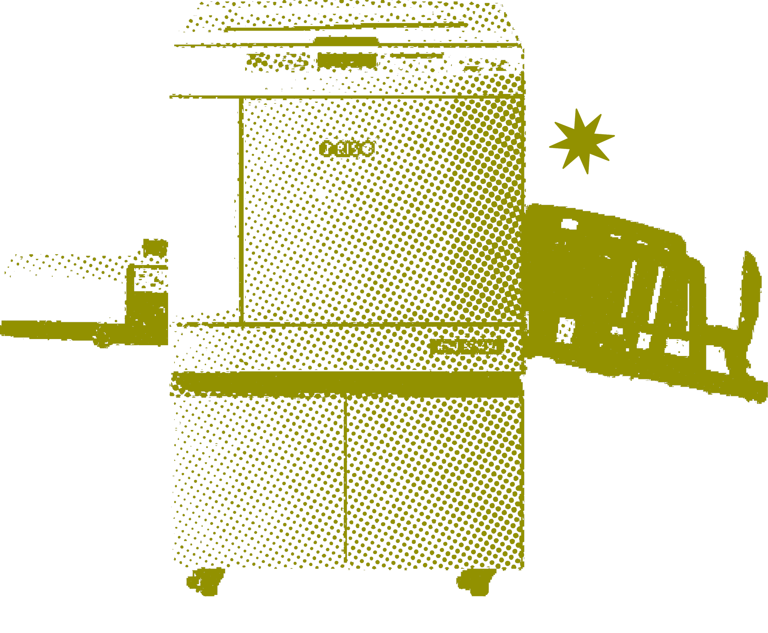 Lime green halftone image of a risograph duplicator with an illustrated star accent.