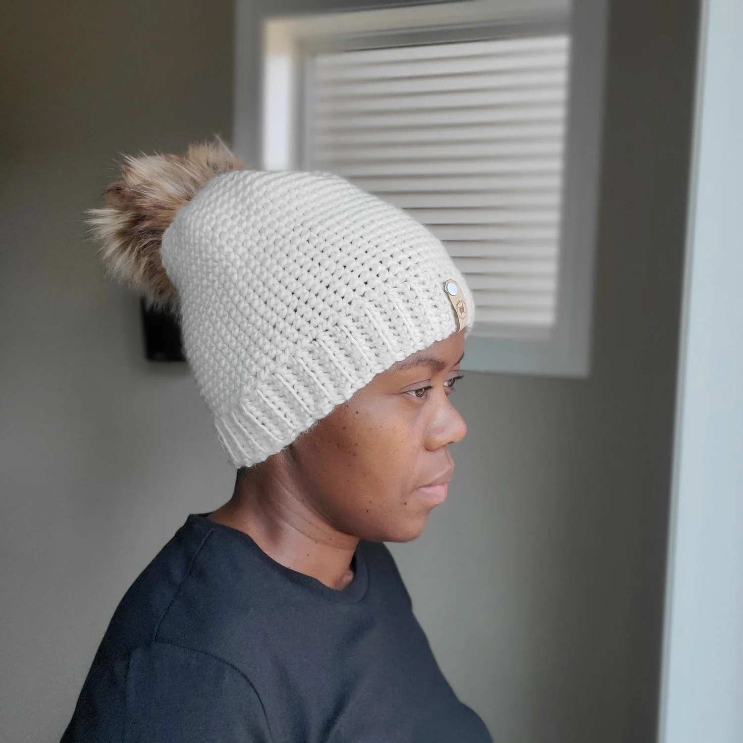 Wool Winter Cap With Pom Pom Black Glossy With Black Raccoon Fur