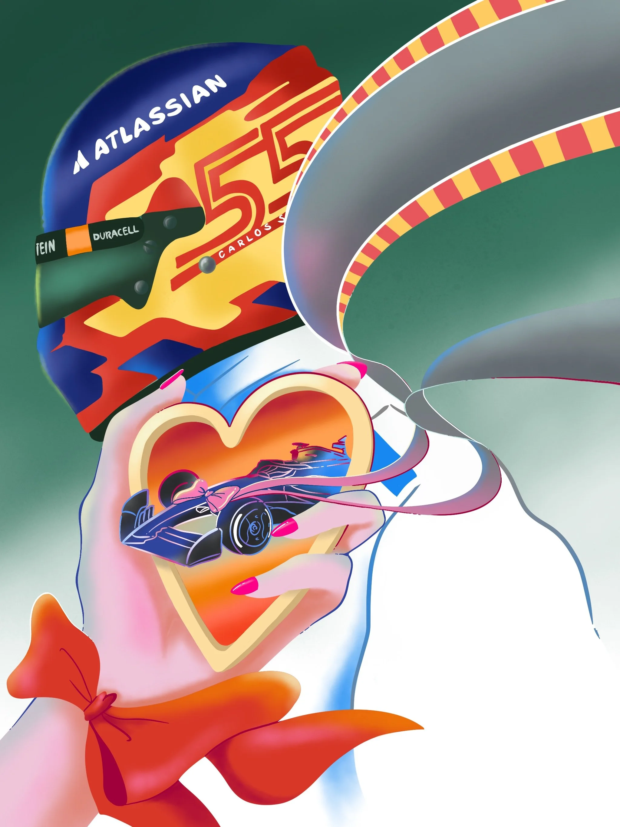 A stylized illustration of a racing helmet with sponsorship logos, a soccer ball, and a hand holding a small racing car with a bow, all set against a gradient background.