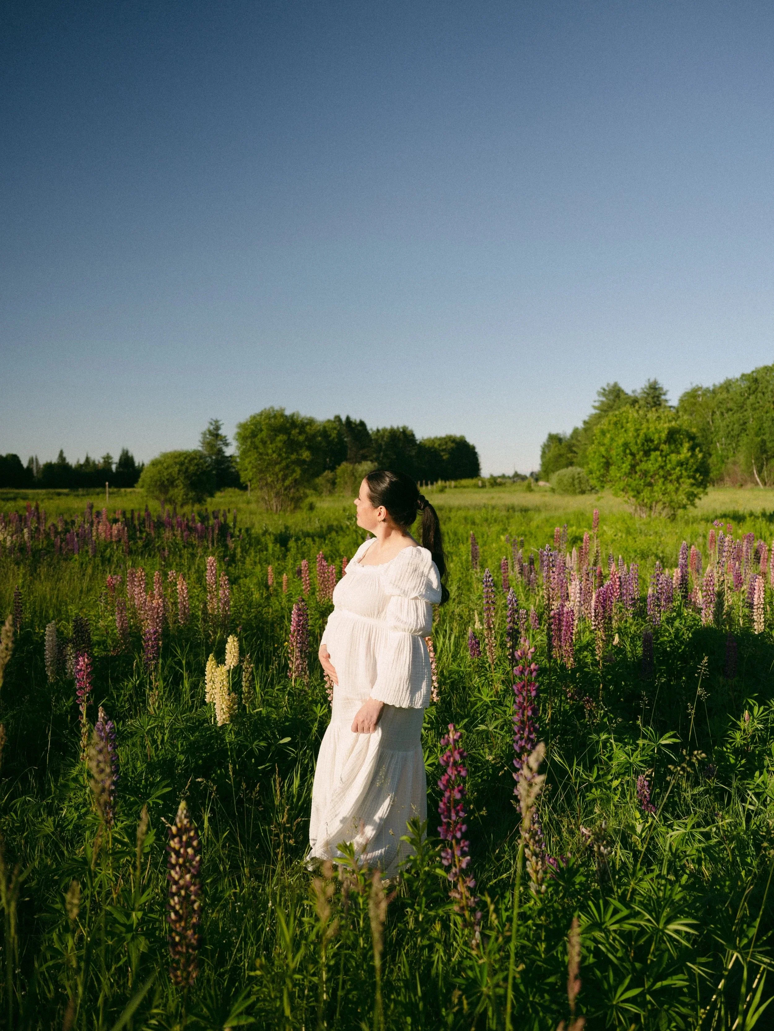A pregnant woman in a white dress stands in a lush green field of purple and pink flowers, facing her right with her head slightly turned.