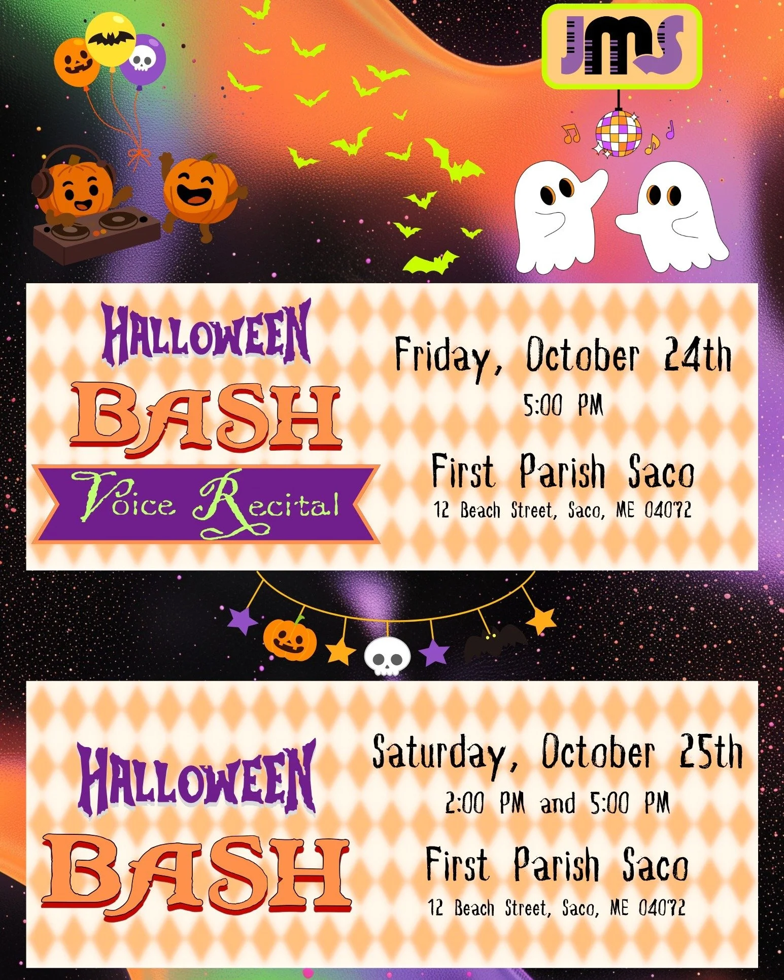 Jacqui's Music Studio has been getting very spooky lately...πbecause our students are eagerly preparing spooky music for the HALLOWEEN BASH! π»ππΆ We have three Halloween recitals this year!
Halloween Bash Voice Recital: Friday, October 24th at 5: