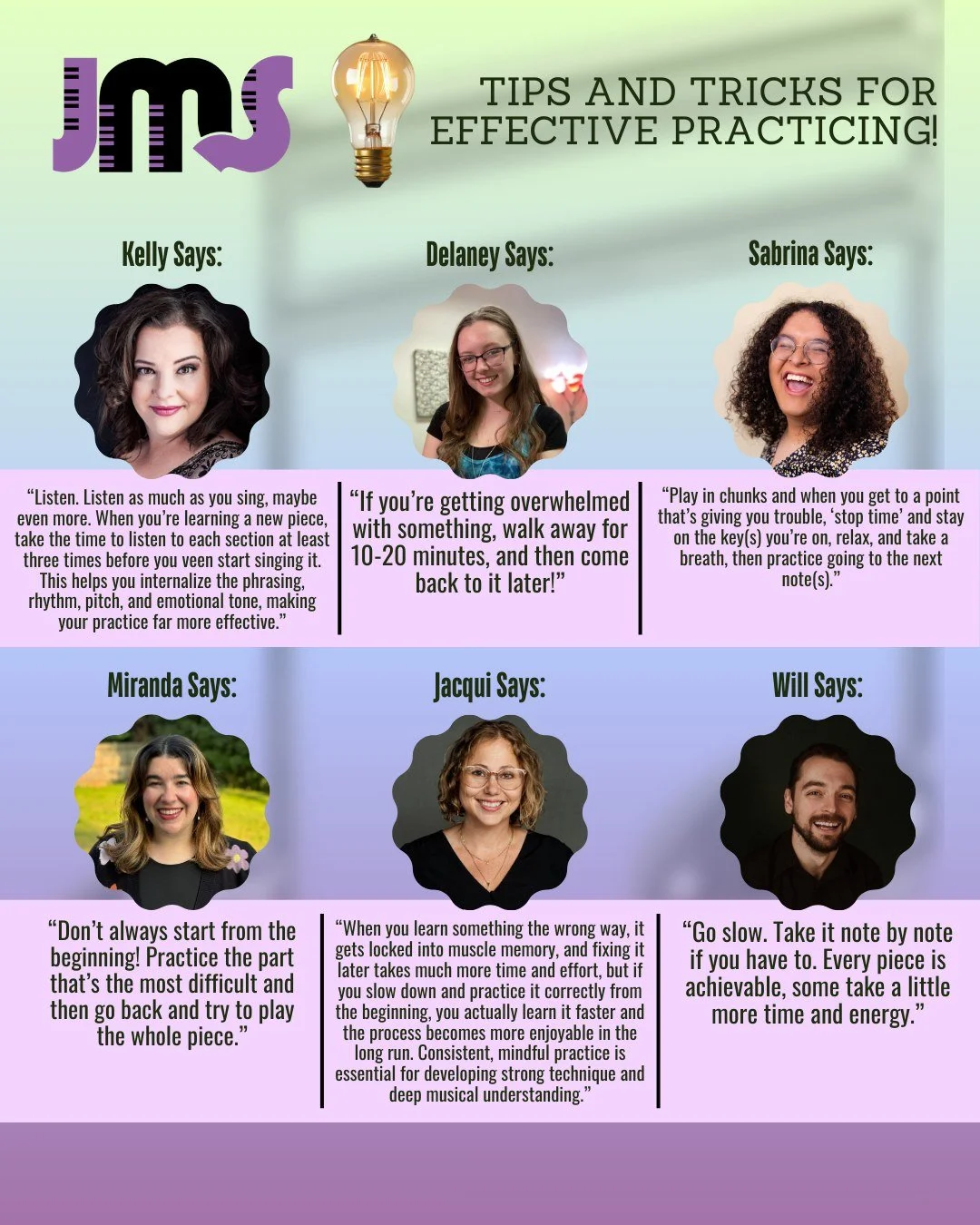 We're so excited to have so many new students at JMS, and we know that being brand new to piano or voice lessons can be overwhelming at first, so we have some tips and tricks on how to make every practice session joyful and effective! Here is every t