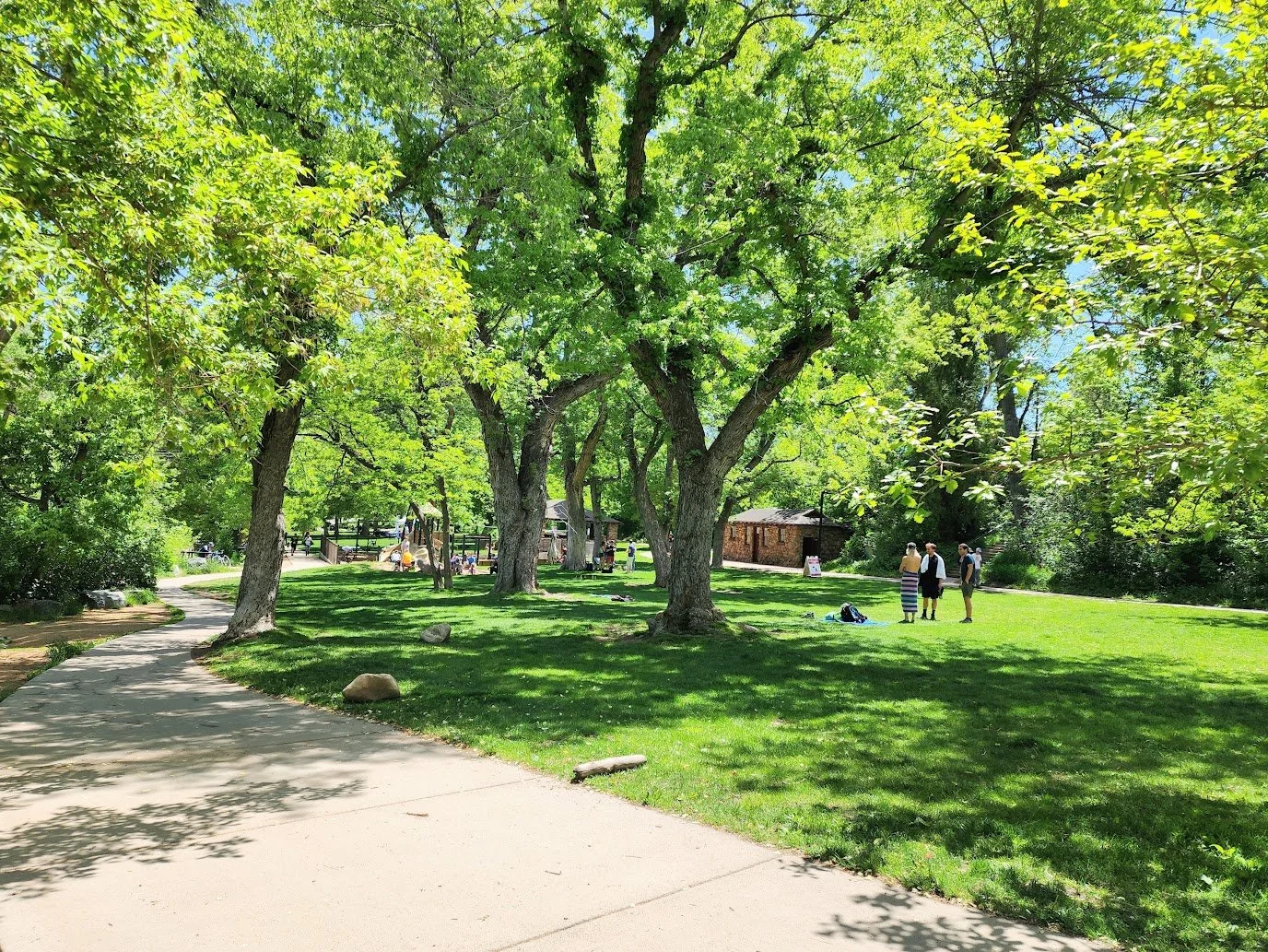 People gathering at Eben G Fine Park near downtown Boulder