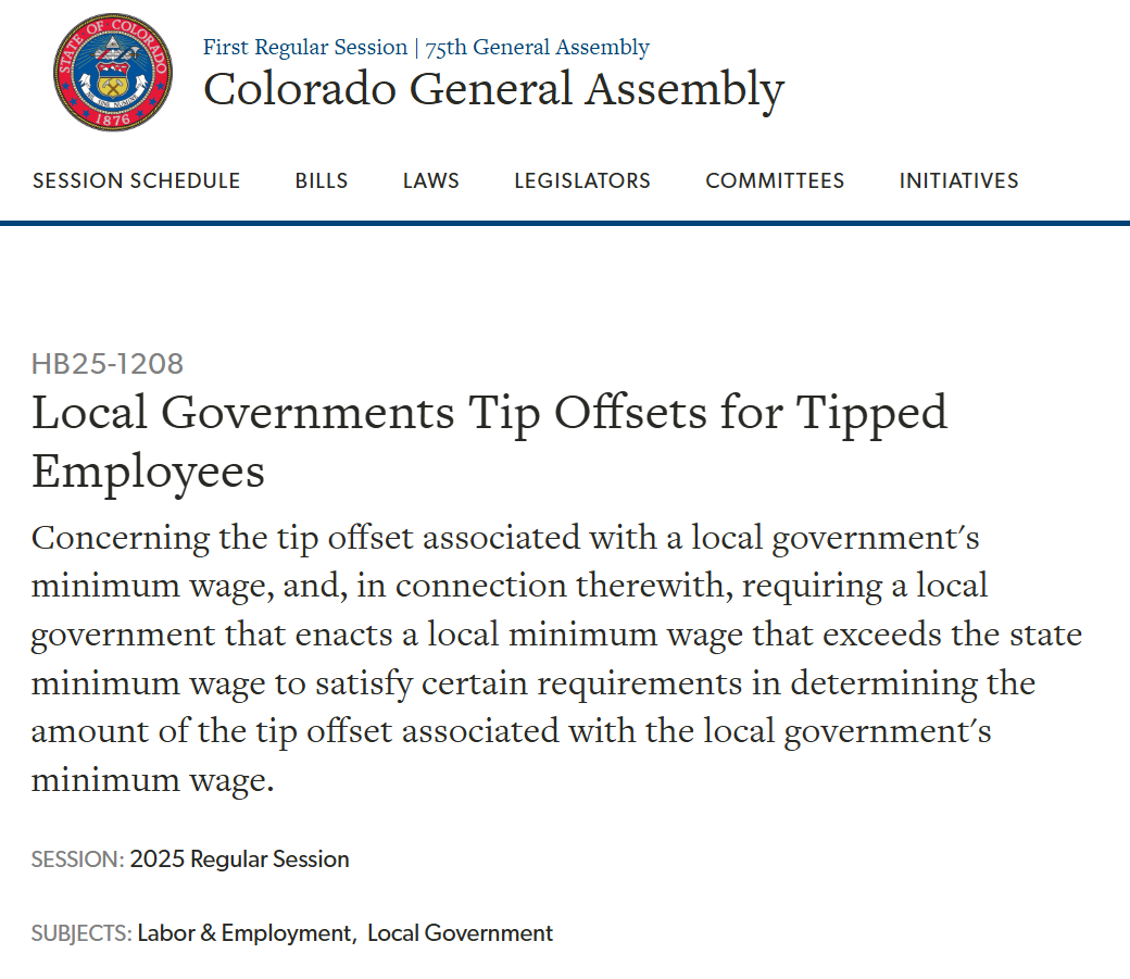 Colorado General Assembly HB25-1208 Local Governments Tip Offsets For Tipped Employees