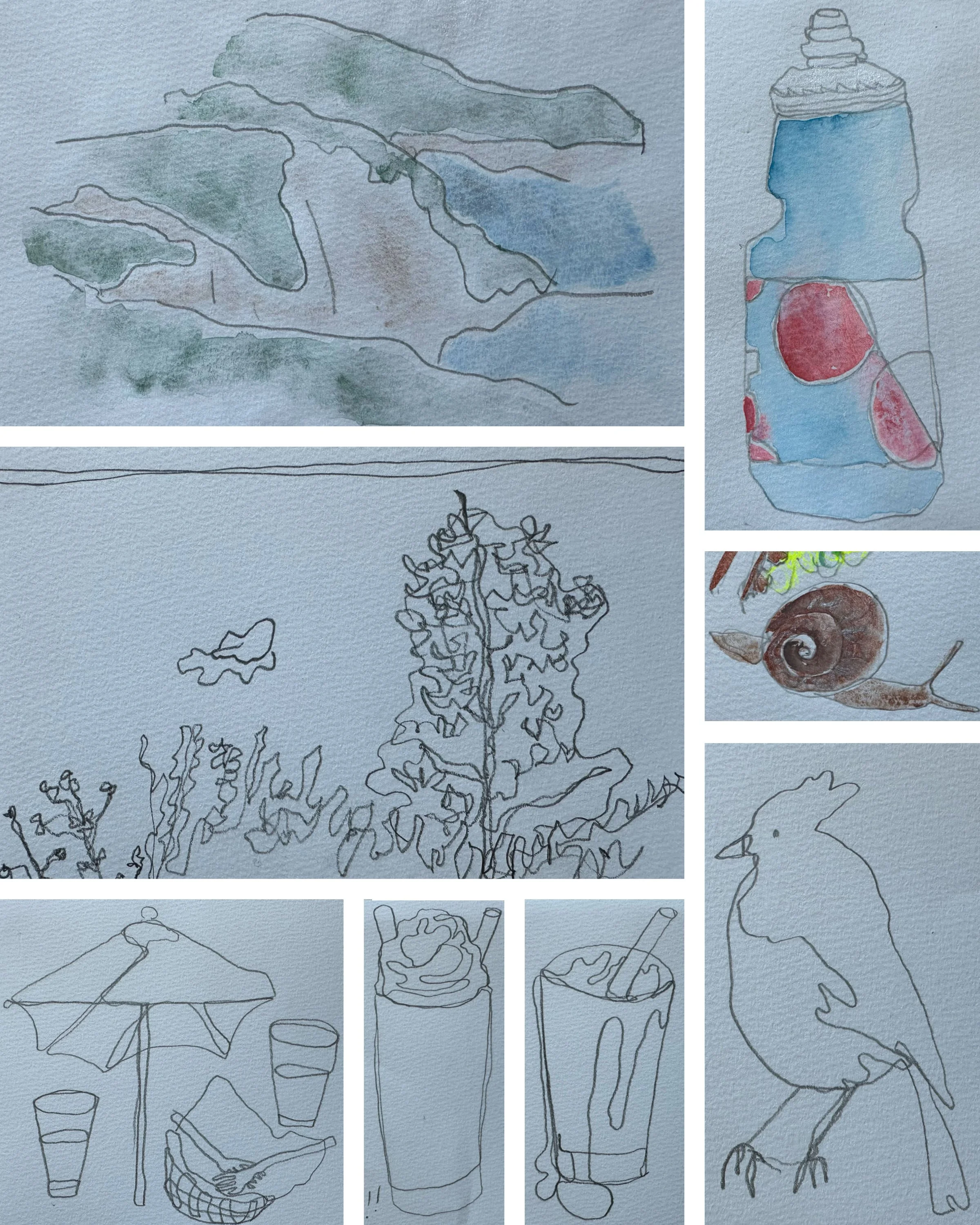 Scribbled at snack stops and roadsides, with a bit of watercolor added later on.