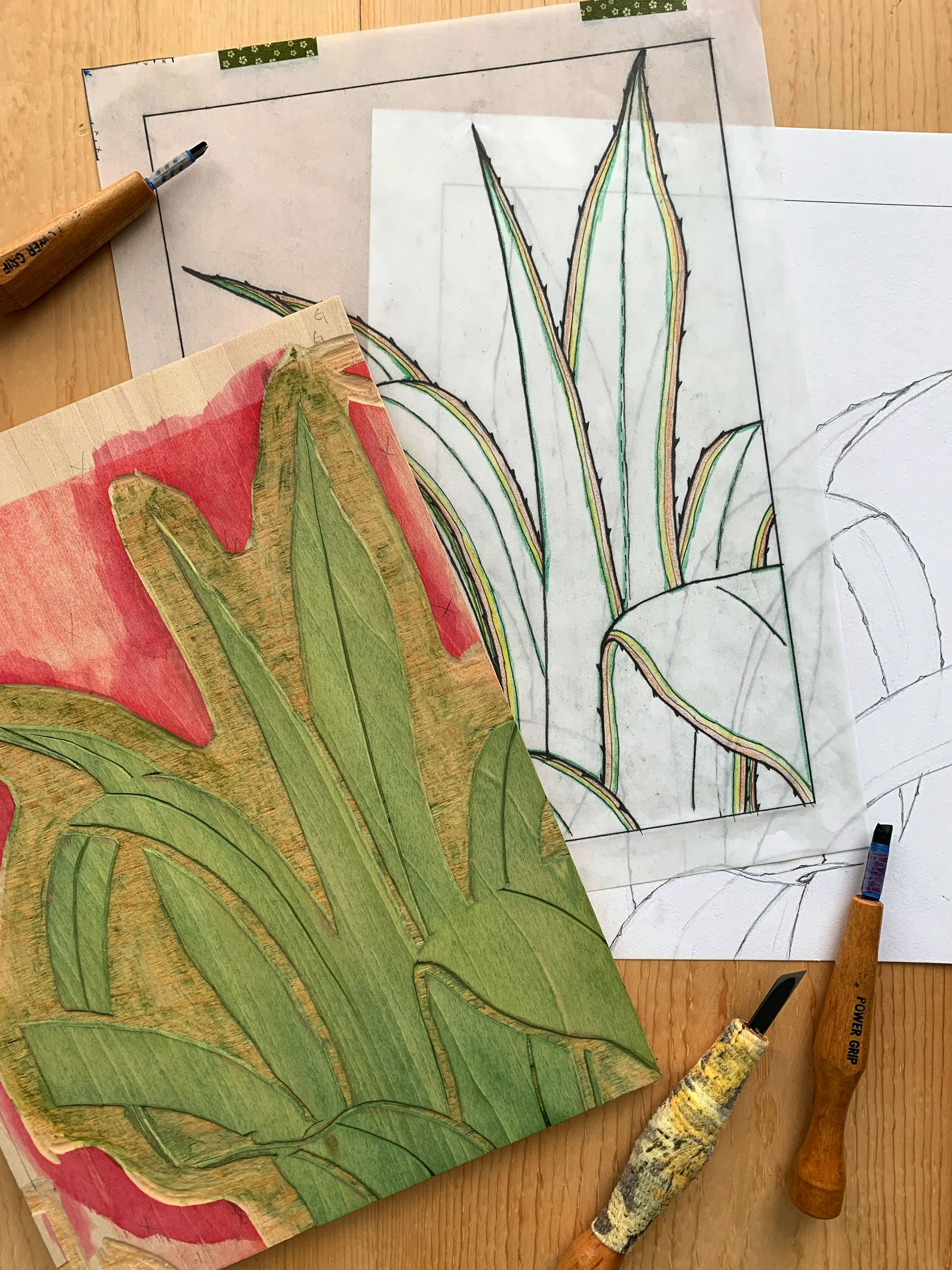 The carved woodblock used to make the green layer of the mokuhanga woodcut print of a shapely agave. It lays amongst various sketches, designs, and tools used to carve the block.