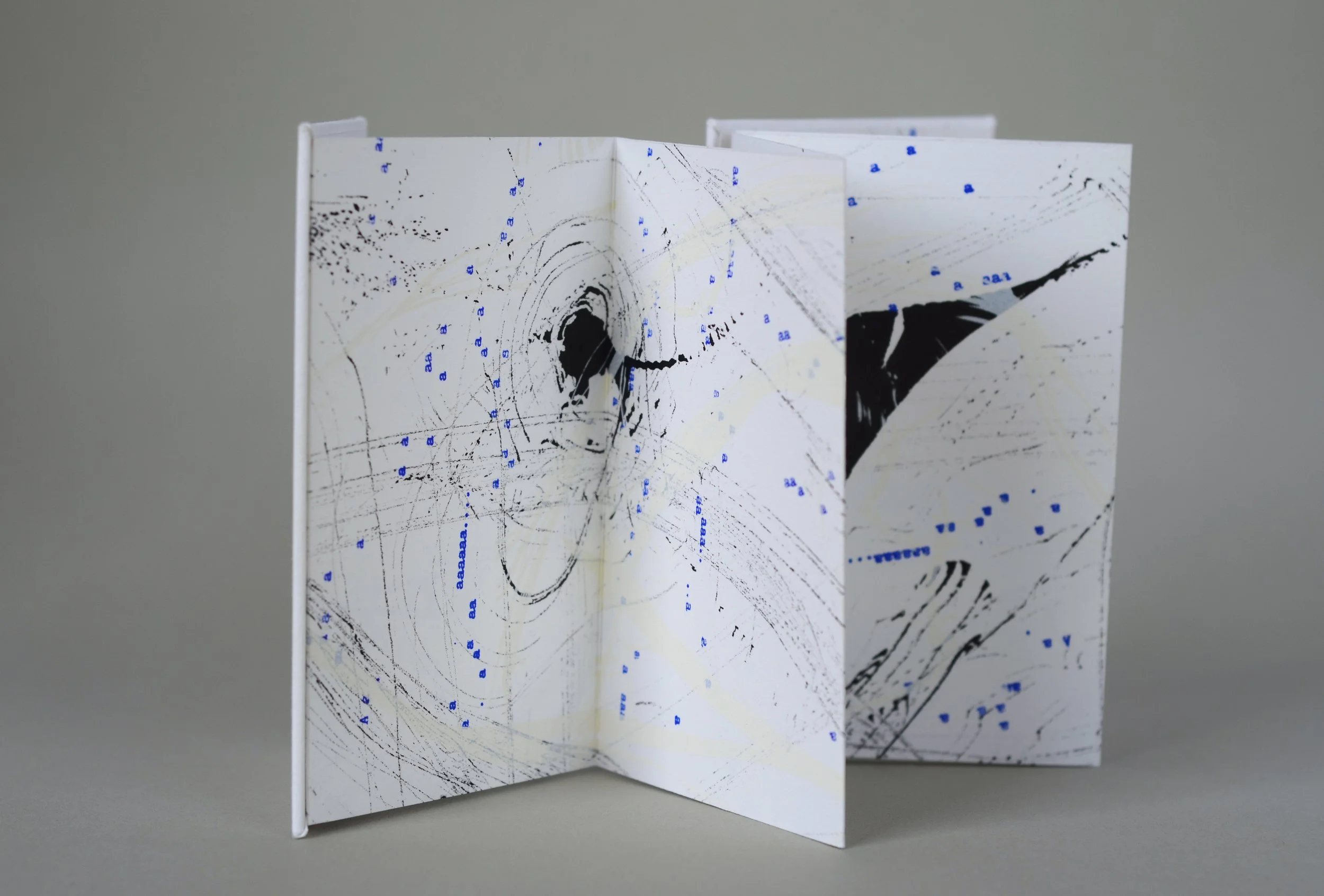 Bigger on the Inside 2 , handmade artist book, screen ink, India ink, stamp ink, embossment on Rives BFK 250 gsm paper (back, alt view)