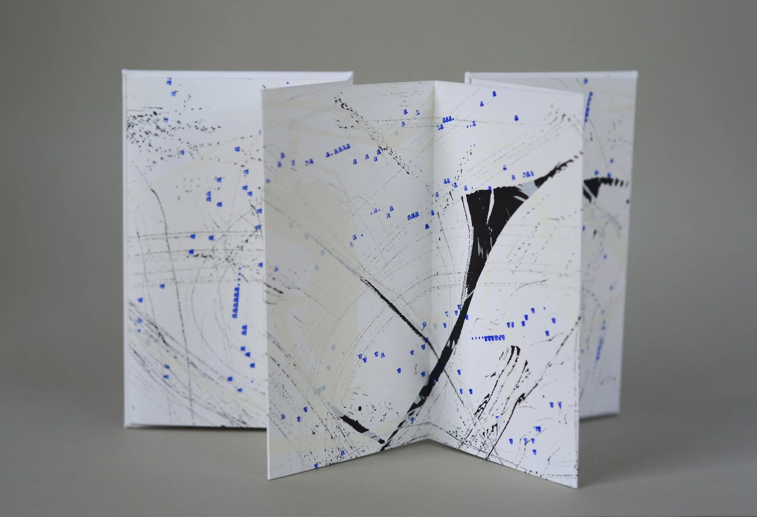 Bigger on the Inside 2 , handmade artist book, screen ink, India ink, stamp ink, embossment on Rives BFK 250 gsm paper (back, alt view)
