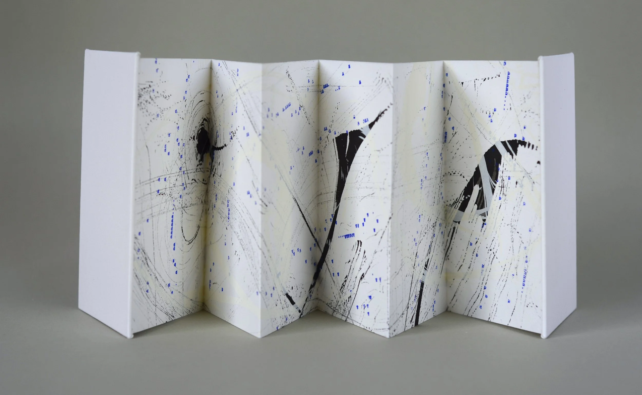 Bigger on the Inside 2 , handmade artist book, screen ink, India ink, stamp ink, embossment on Rives BFK 250 gsm paper (back)