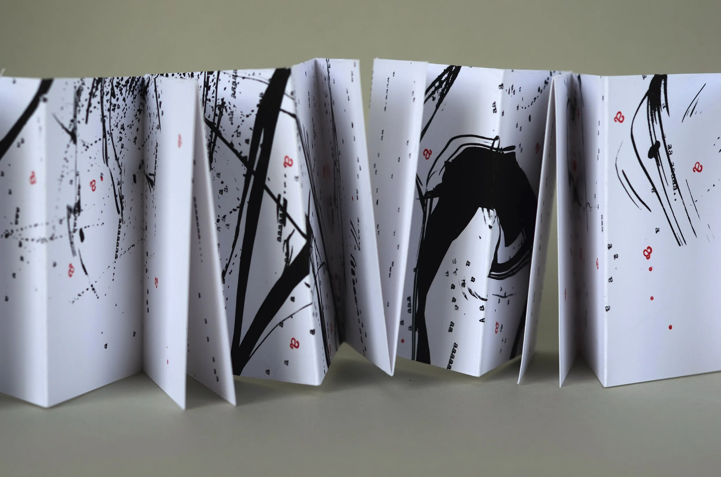 Bigger on the Inside 3 , handmade artist book, screen ink, stamp ink, embossment on Cougar paper (front, close up)