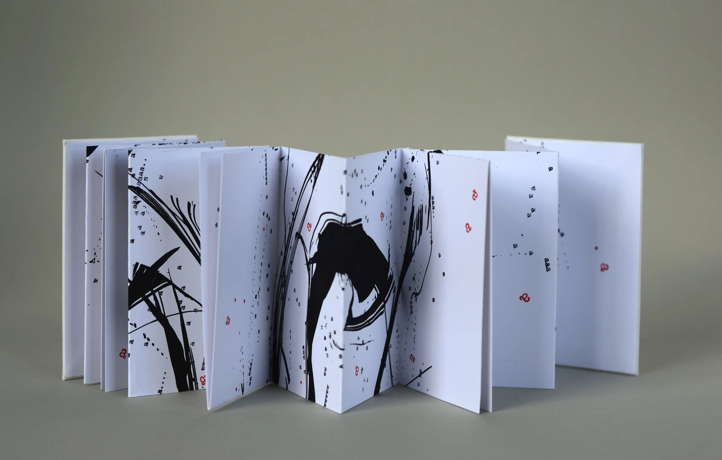 Bigger on the Inside 3 , handmade artist book, screen ink, stamp ink, embossment on Cougar paper (front)