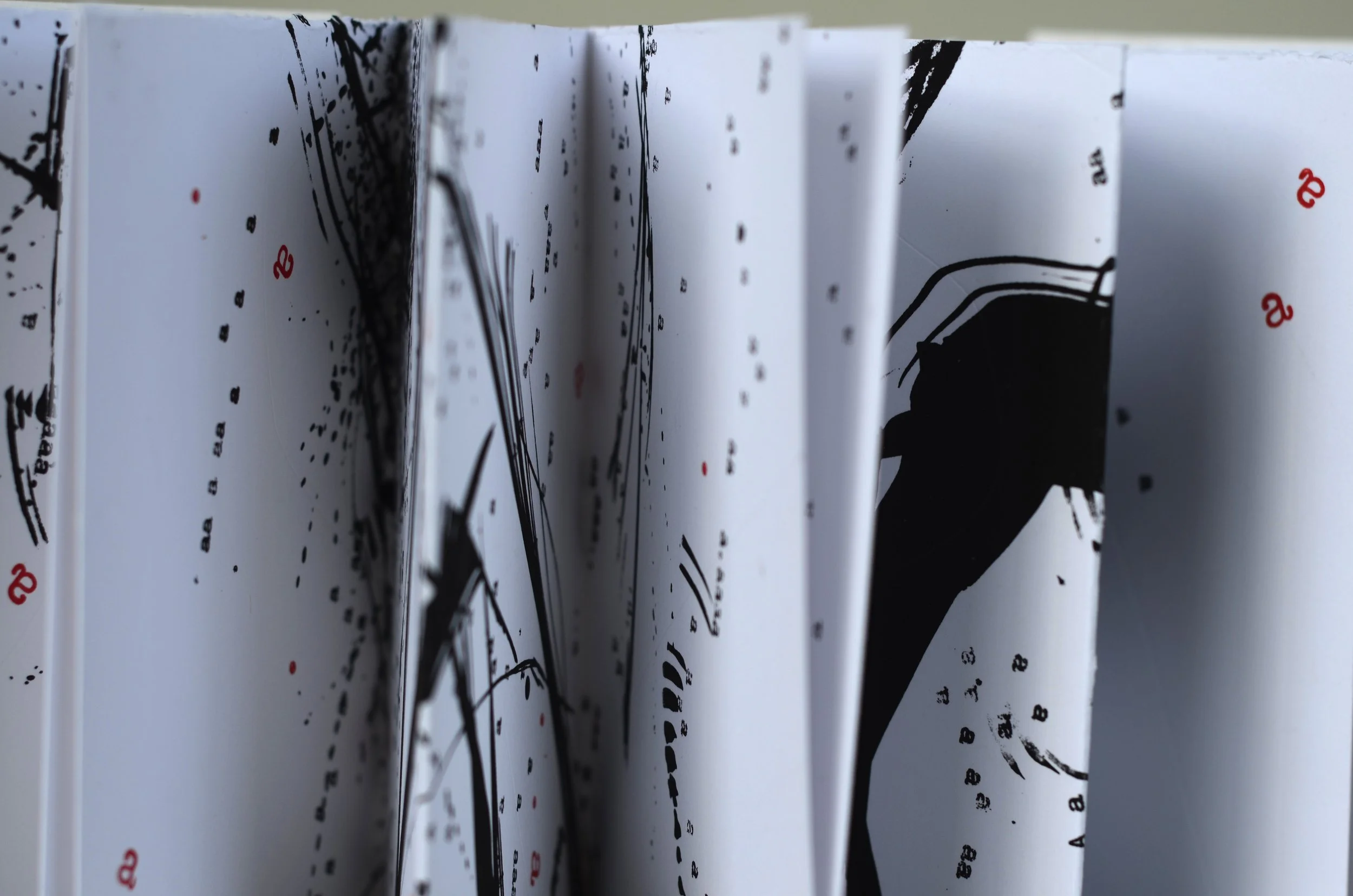 Bigger on the Inside 3 , handmade artist book, screen ink, stamp ink, embossment on Cougar paper (front, close up)