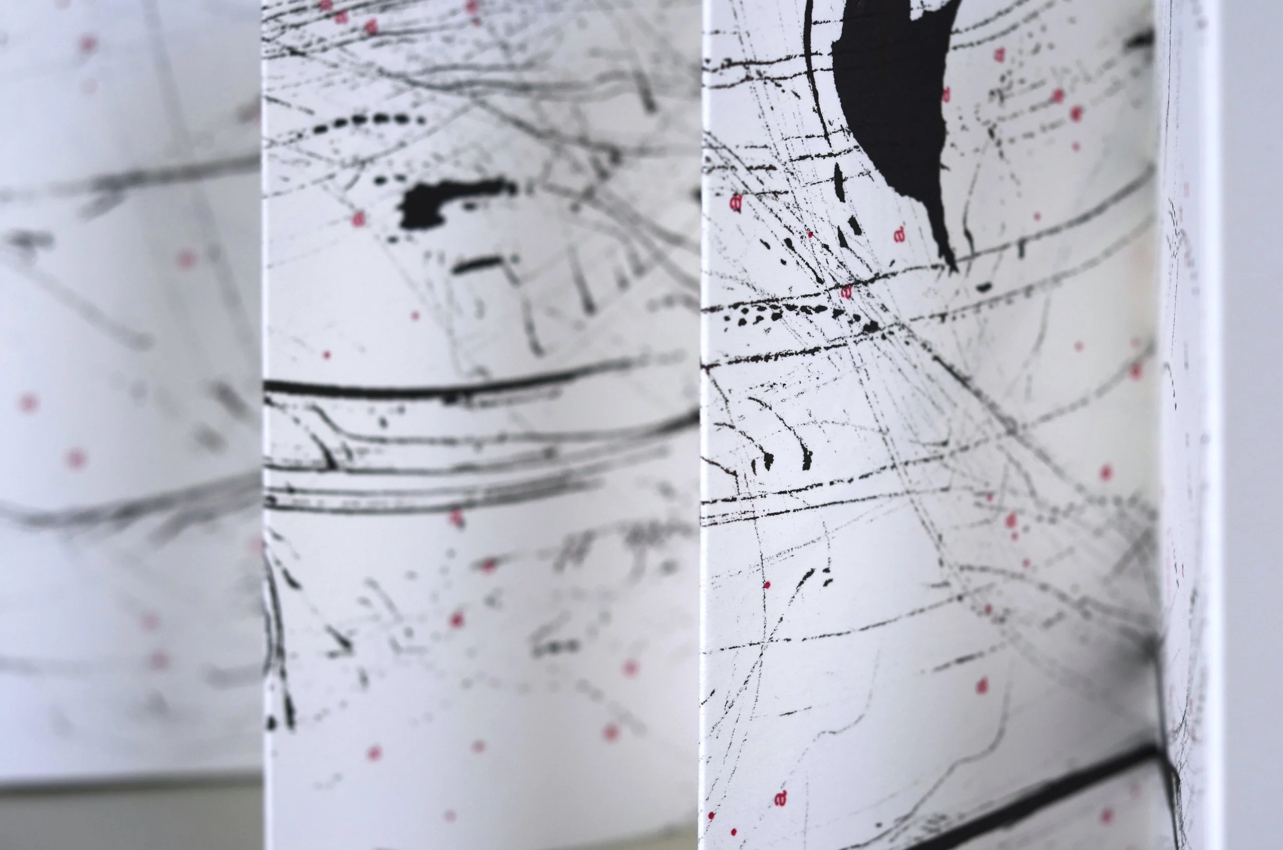 Bigger on the Inside 1 , handmade artist book, screen ink, India ink, typewriter ink, stamp ink, embossment on Rives BFK 250 gsm paper (back, close up)