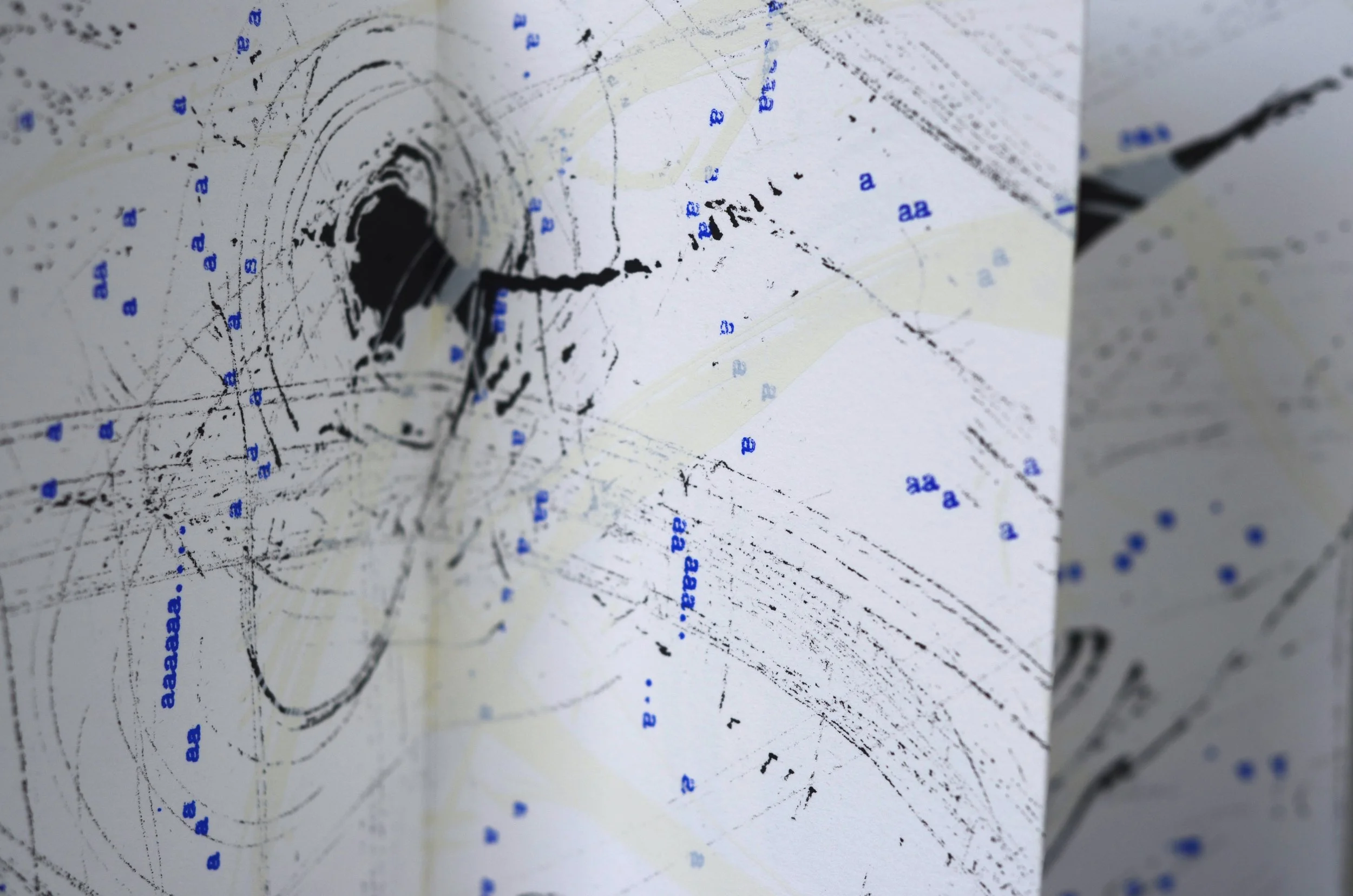 Bigger on the Inside 2 , handmade artist book, screen ink, India ink, stamp ink, embossment on Rives BFK 250 gsm paper (back, close up)