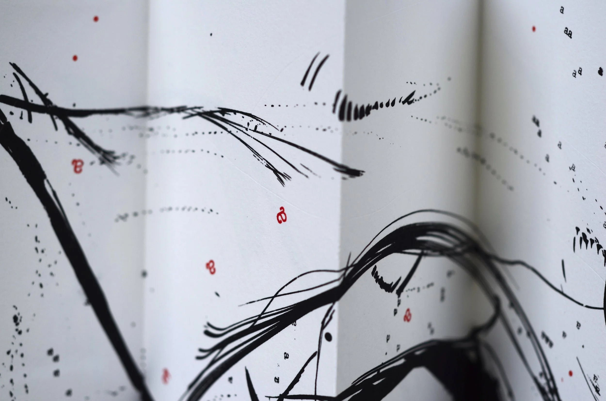 Bigger on the Inside 2 , handmade artist book, screen ink, India ink, stamp ink, embossment on Rives BFK 250 gsm paper (front, close up)