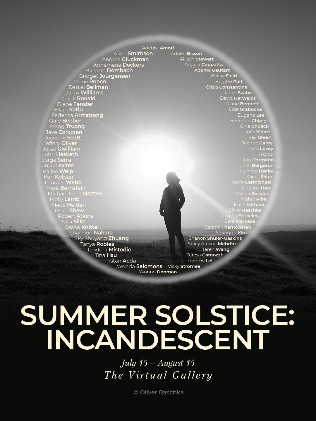 Photo show poster with silhouette of a person backlit by the sun with a circular flare surrounding the person and a list of artist names within the circle.