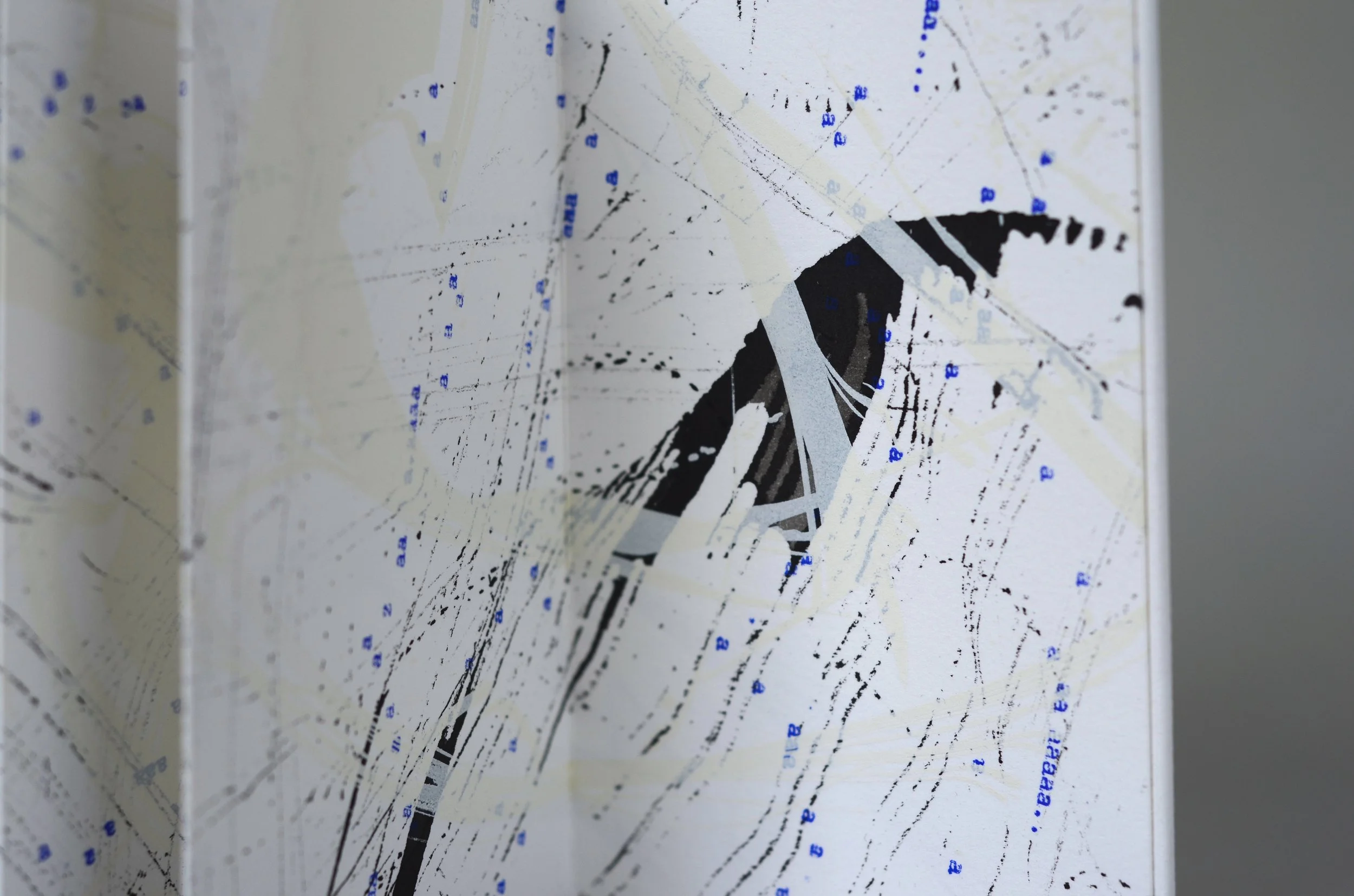 Bigger on the Inside 2 , handmade artist book, screen ink, India ink, stamp ink, embossment on Rives BFK 250 gsm paper (back, close up)