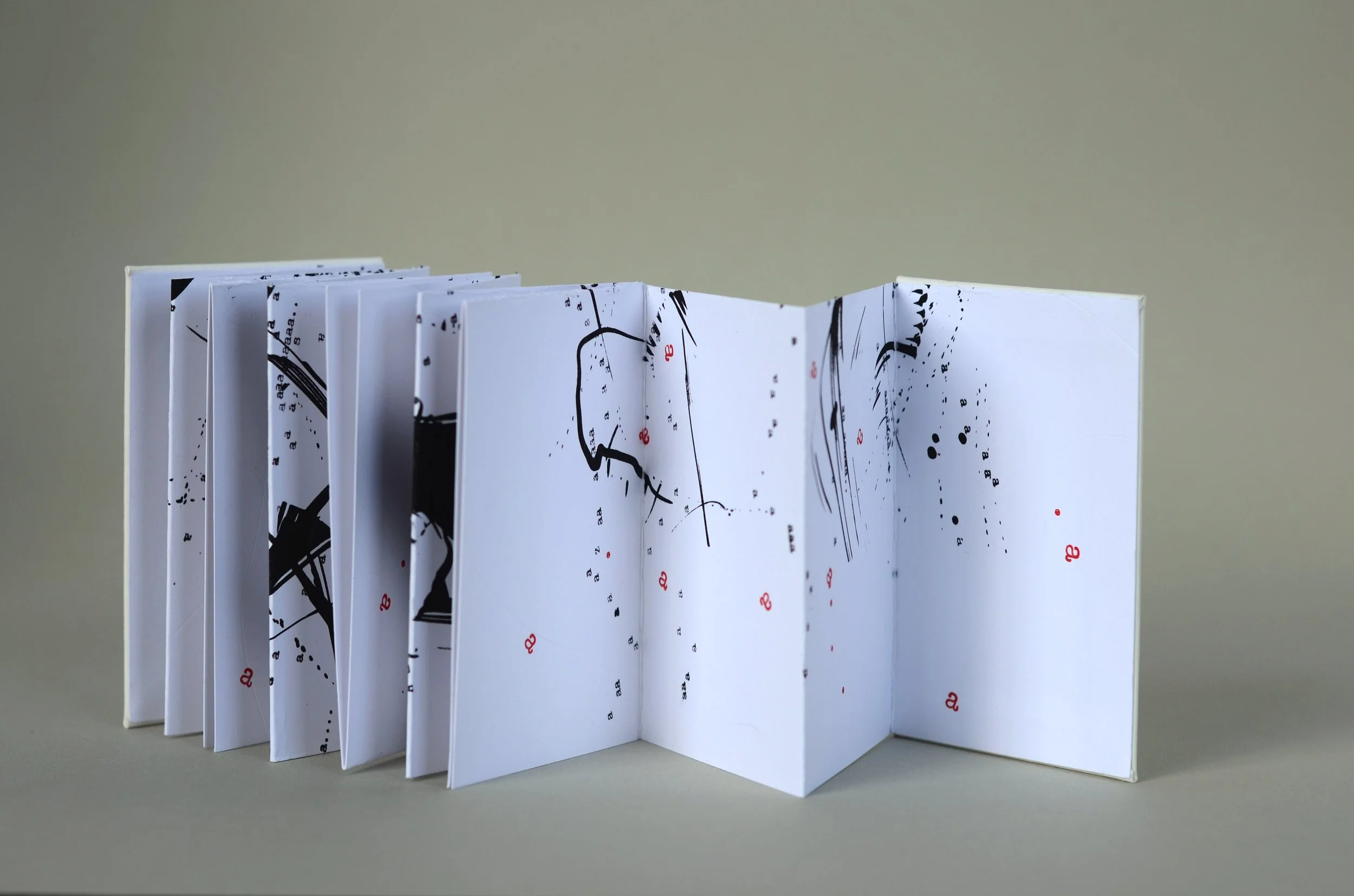 Bigger on the Inside 3 , handmade artist book, screen ink, stamp ink, embossment on Cougar paper (front)