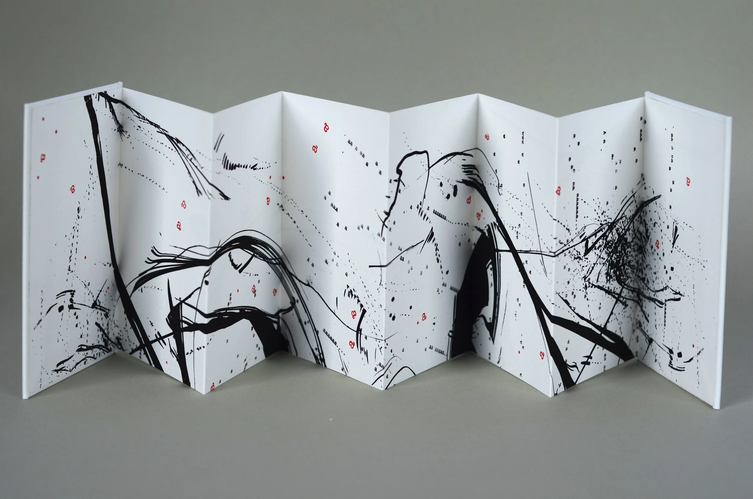 Bigger on the Inside 1 , handmade artist book, screen ink, India ink, typewriter ink, stamp ink, embossment on Rives BFK 250 gsm paper (front)