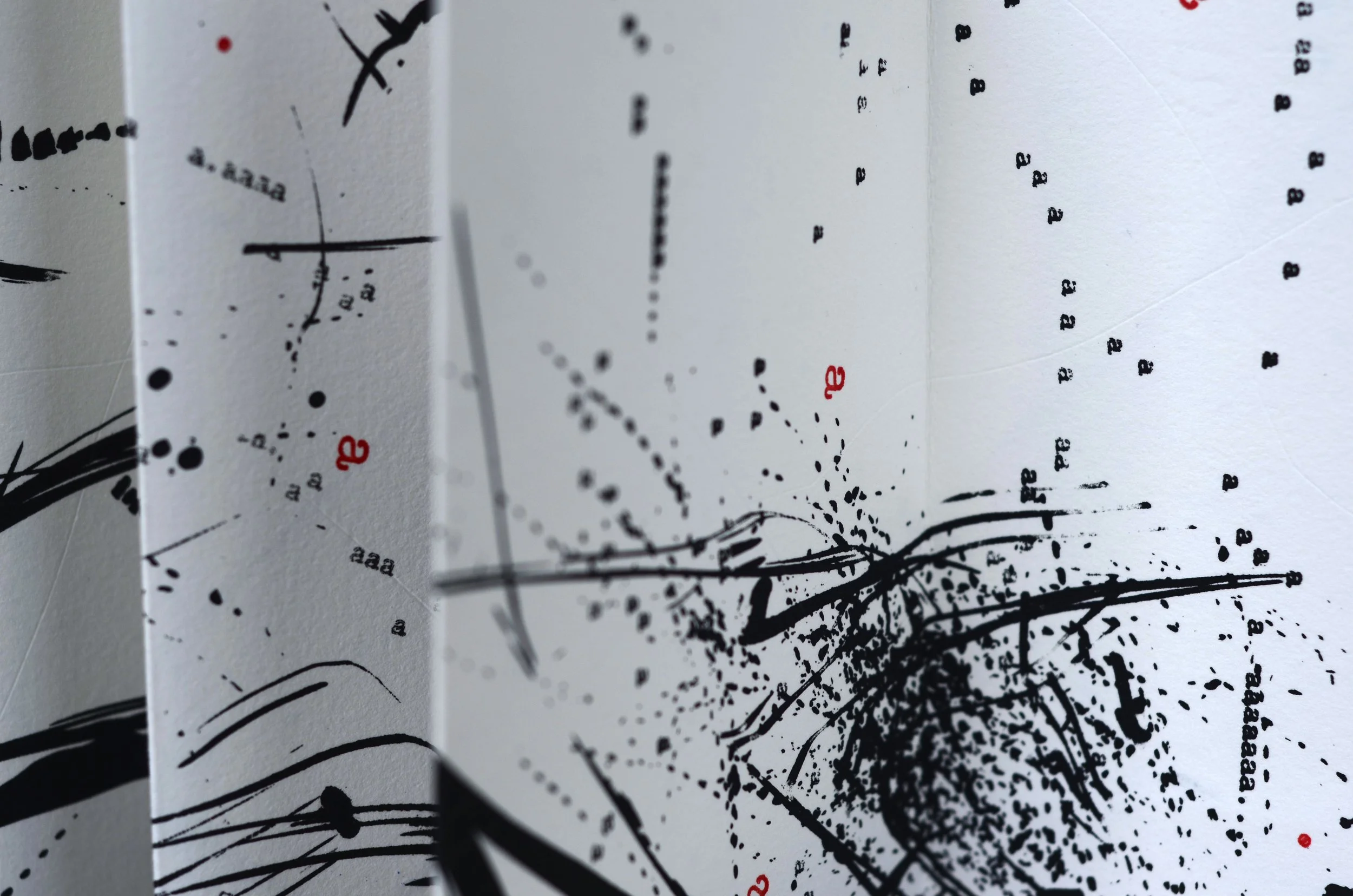 Bigger on the Inside 2 , handmade artist book, screen ink, India ink, stamp ink, embossment on Rives BFK 250 gsm paper (front, close up)