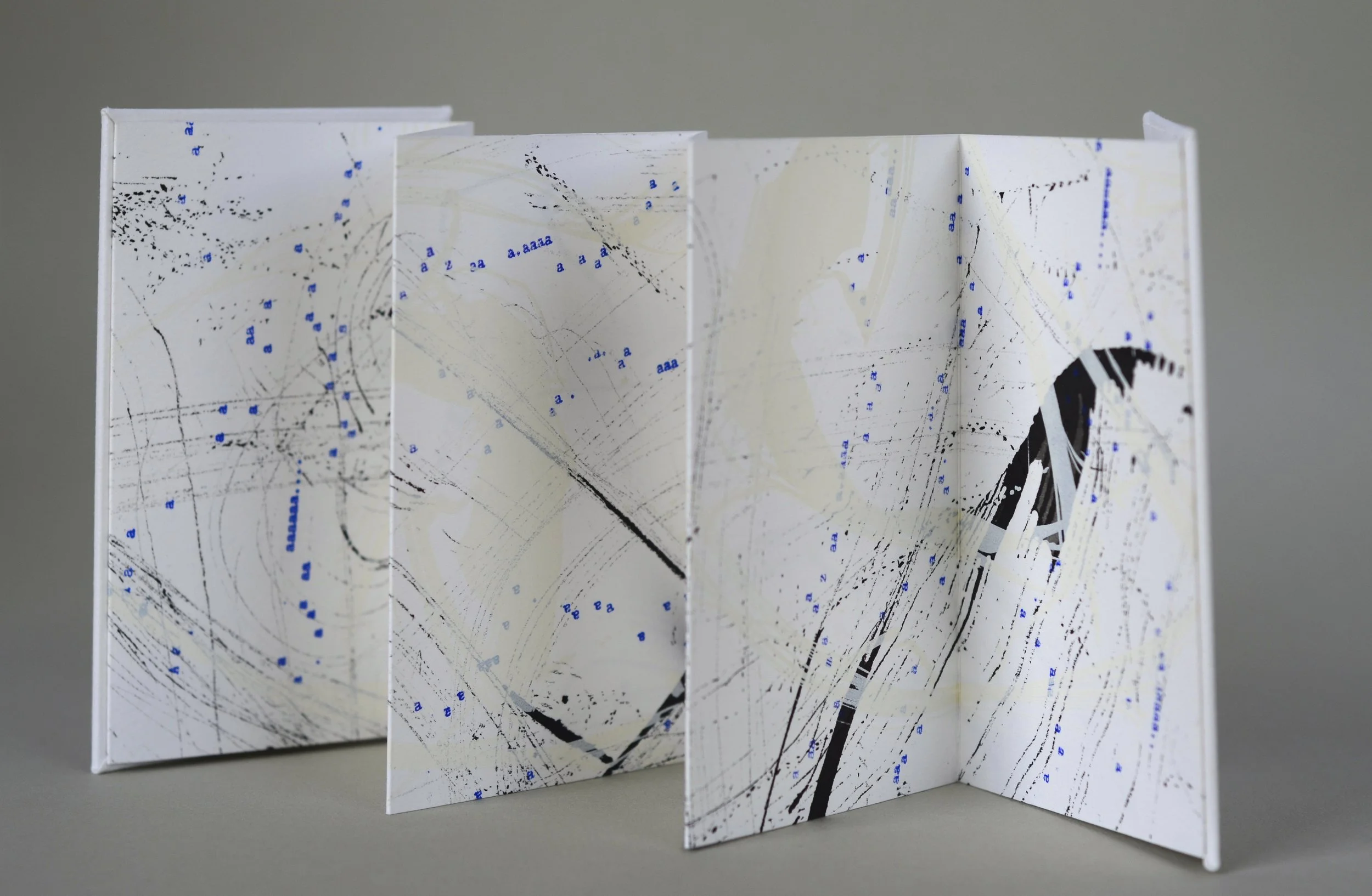 Bigger on the Inside 2 , handmade artist book, screen ink, India ink, stamp ink, embossment on Rives BFK 250 gsm paper (back, alt view)