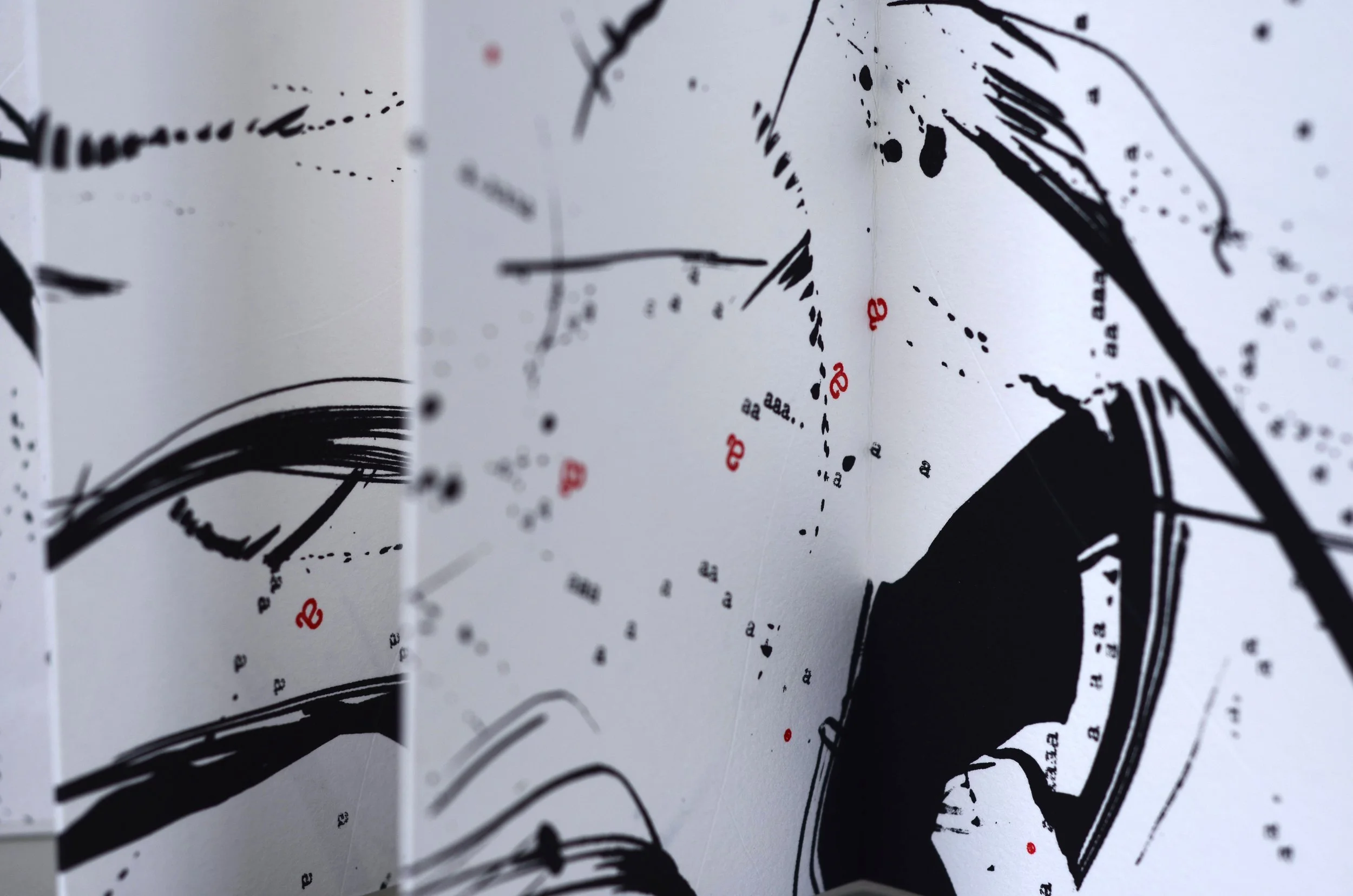 Bigger on the Inside 2 , handmade artist book, screen ink, India ink, stamp ink, embossment on Rives BFK 250 gsm paper (front, close up)