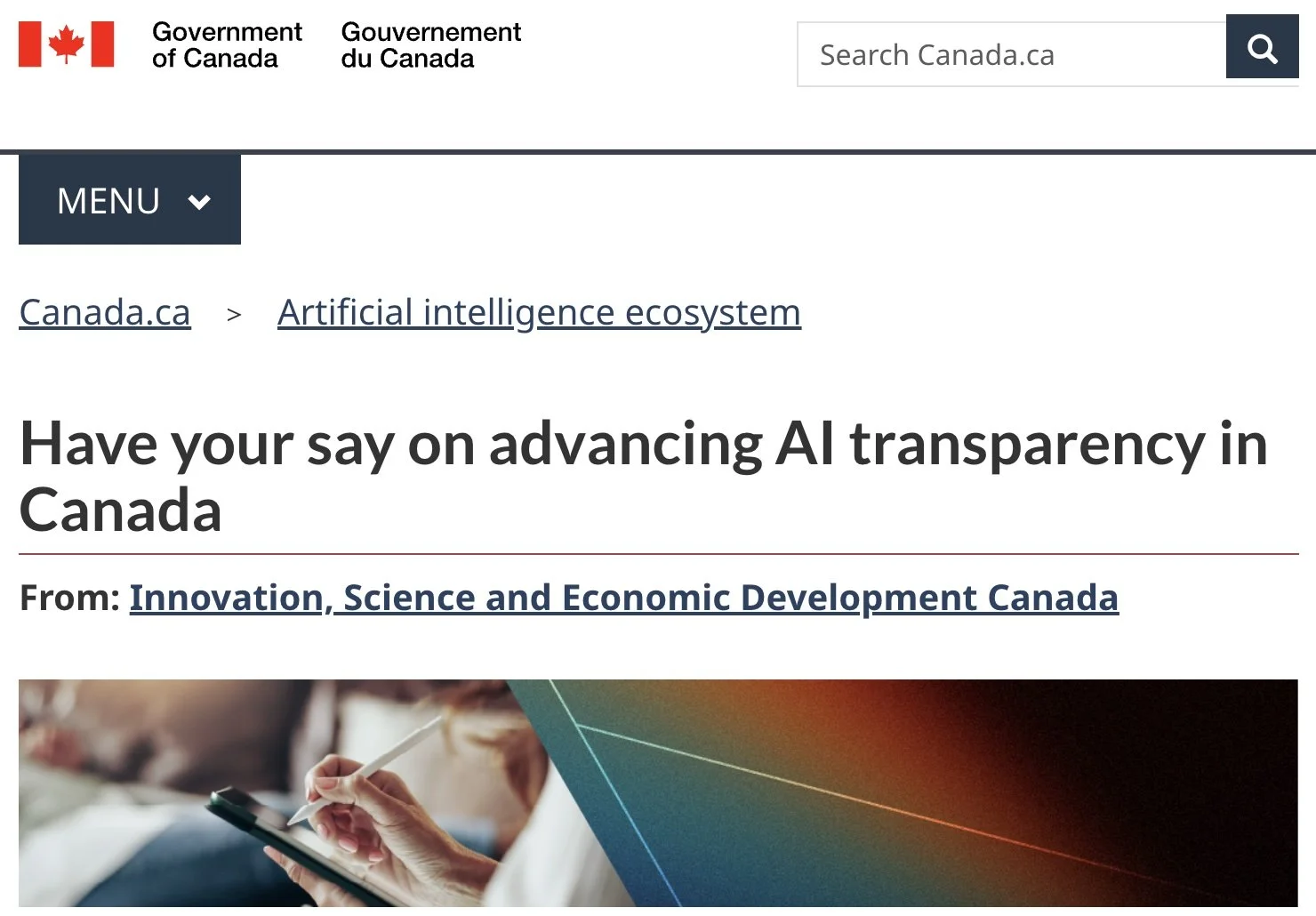 Screen shot of Canadian federal government web page inviting input