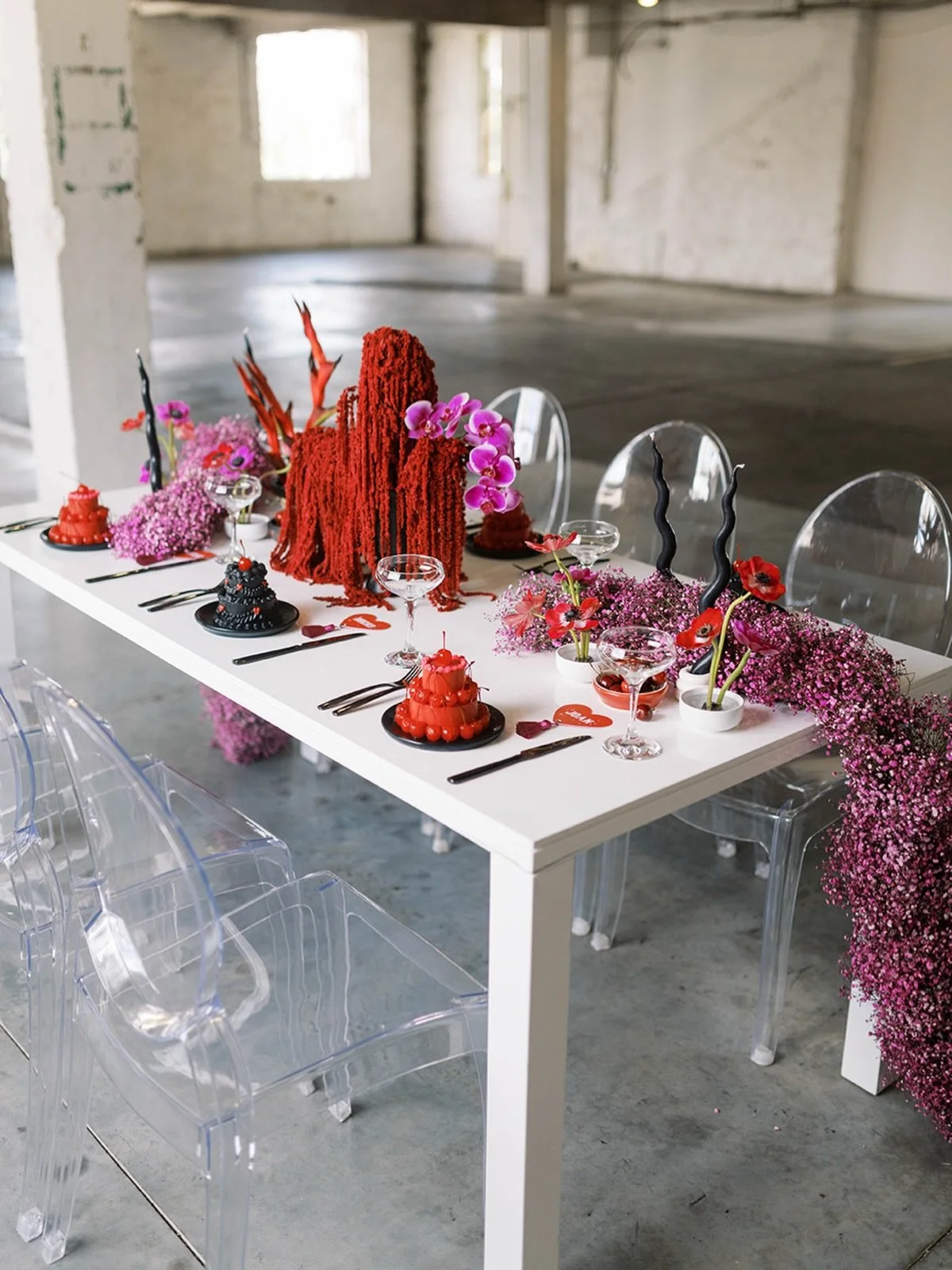 🍒🖤⚡️🩷✨🌹 

Photography: @joanna_creates 
Flowers: @theflowerslinger 
Venue: @likewise.community 
Design &amp; Planning: @stardustweddingsnwa 
Furniture: @alchemy_event_rentals 
Pottery: @ceramicsorcery 
Cakes: @saltybutternwa 
Stationery: @peachwo