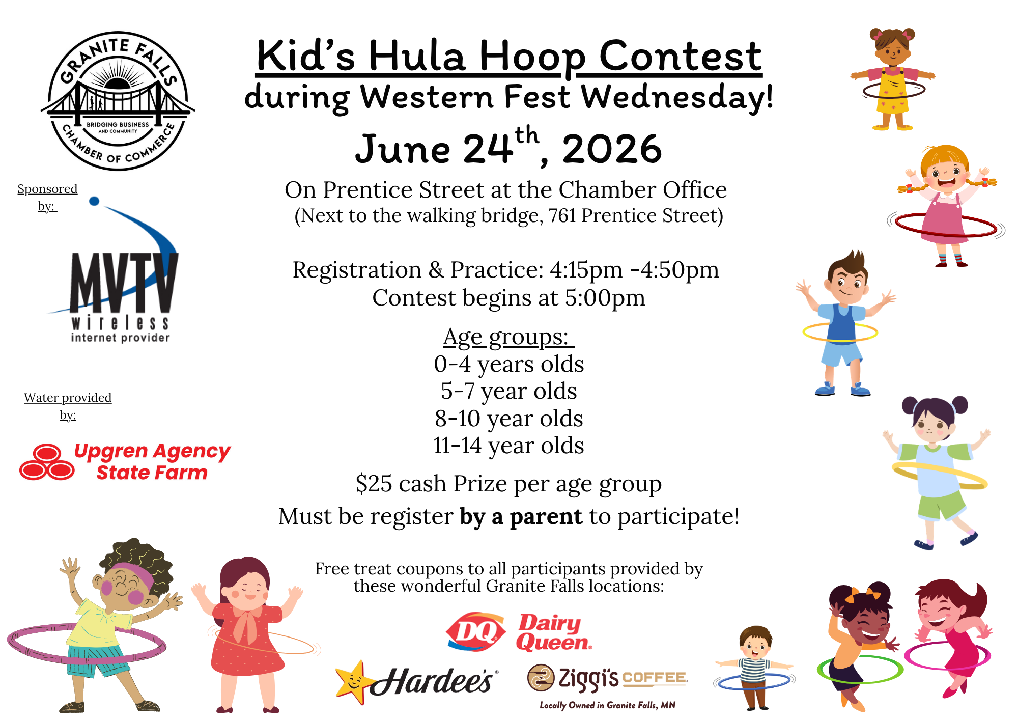 Flyer for Kid's Hula Hoop Contest on June 24th, 2026, at the Chamber Office on Prentice Street in Granite Falls, Minnesota. Features illustrations of children hula hooping, event details, and sponsor logos including Dairy Queen, Hardee's, Ziggi's Coffee, MVTV Wireless, and Upgren Agency State Farm.