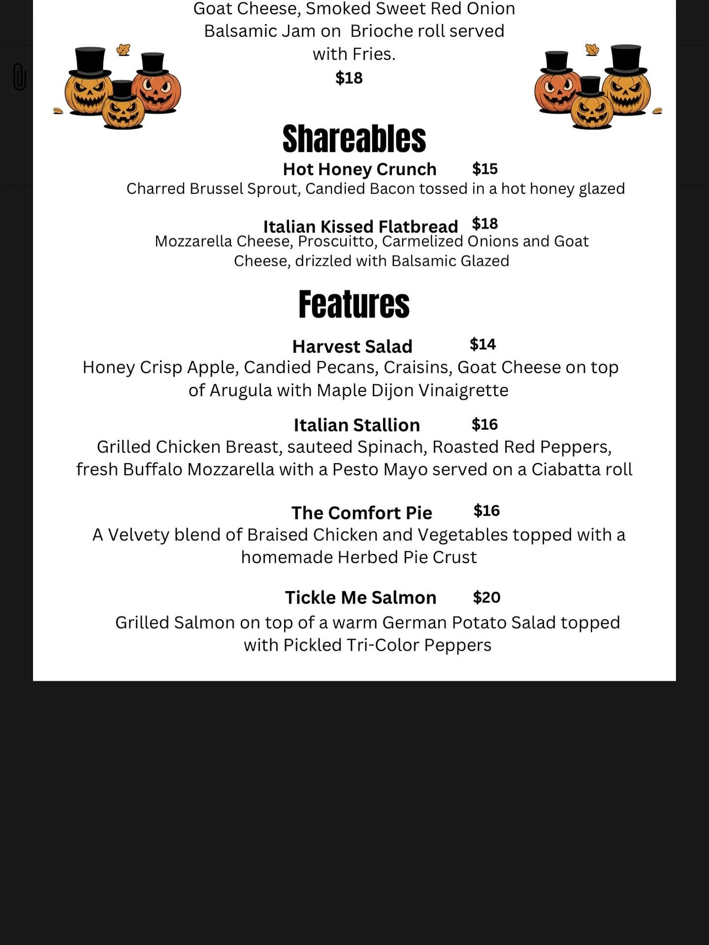 October food specials! Open everyday from 11:30am and closed on Mondays!