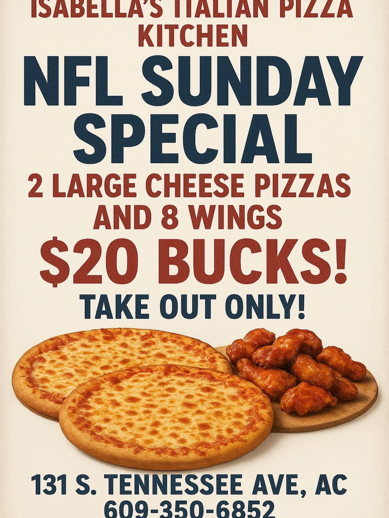 Happy Super Sunday Specials only at Isabella's Italian Pizza Kitchen...We open at 12pm!!!! 609-350-6852 Take-Out Only...
Isabellasnj.com

$20 Bucks! 2 Large Pies and 8 Wings...
#bestpizzaintown #pizzalovers #pizzatime #pizzaparty #pizza #pizzadeal #w
