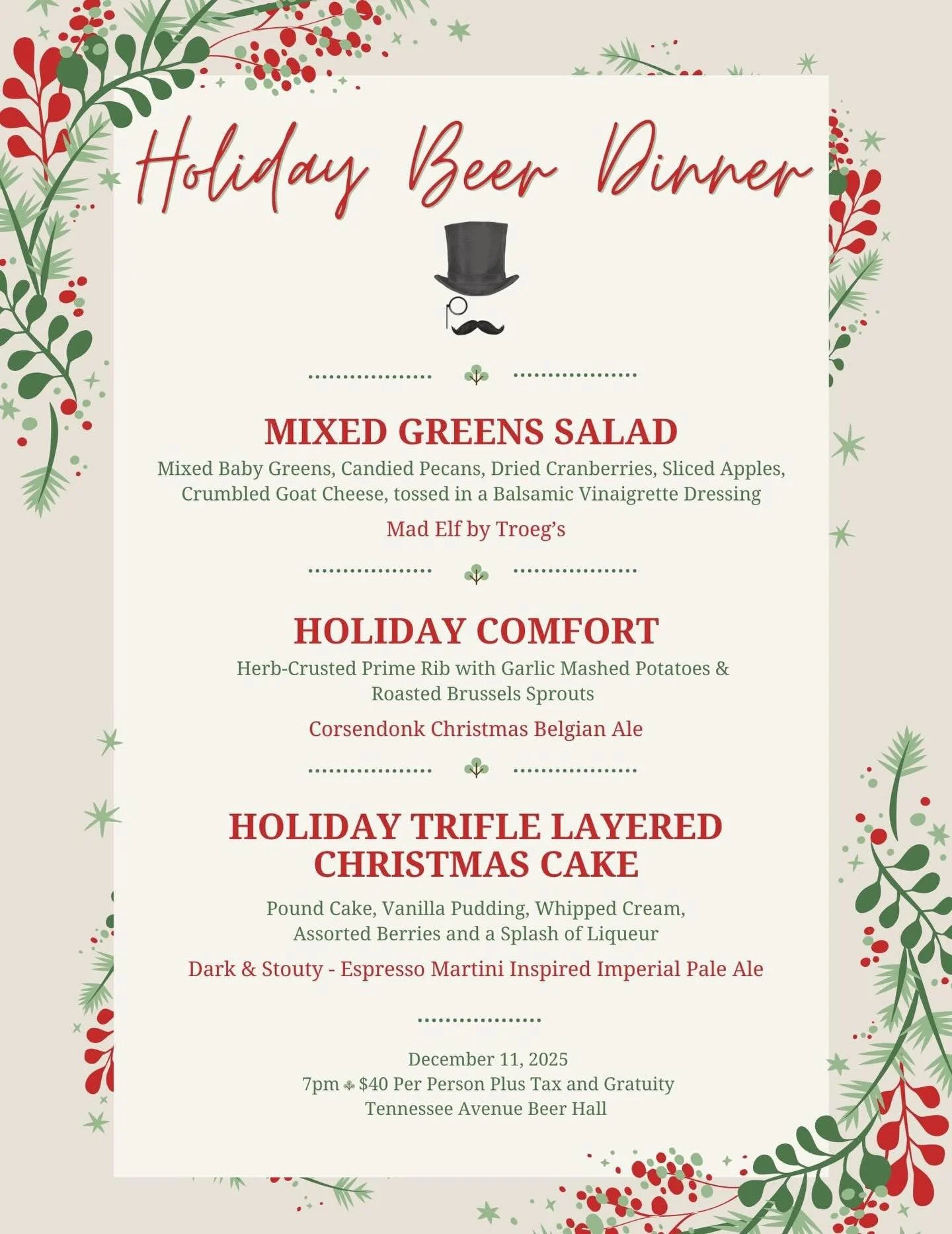 Yo, got your tix for our Holiday Beer Dinner? Everyone's been asking, When's the next beer dinner? Alright, here we go... 3-Course Dinner, 3 amazing Beers! Only $40 bucks! CHECK THE MENU OUT BELOW!! Purchase Tickets at: tennaveac.com/events 🍺